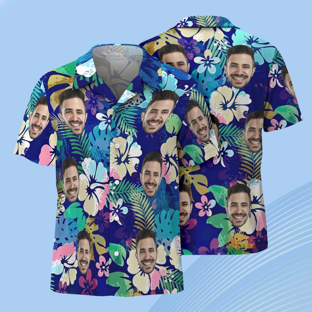 Custom Face Hawaiian Shirt Blue Tropical Leaves & Flowers Beach Shirts Party Wear - makephotopuzzleuk