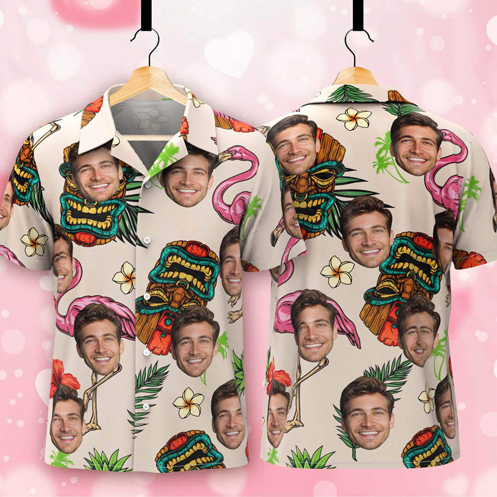 Custom Face Hawaiian Shirt White with Tropical Icons Tiki & Flamingo Fun Personalized Beach Look - makephotopuzzleuk