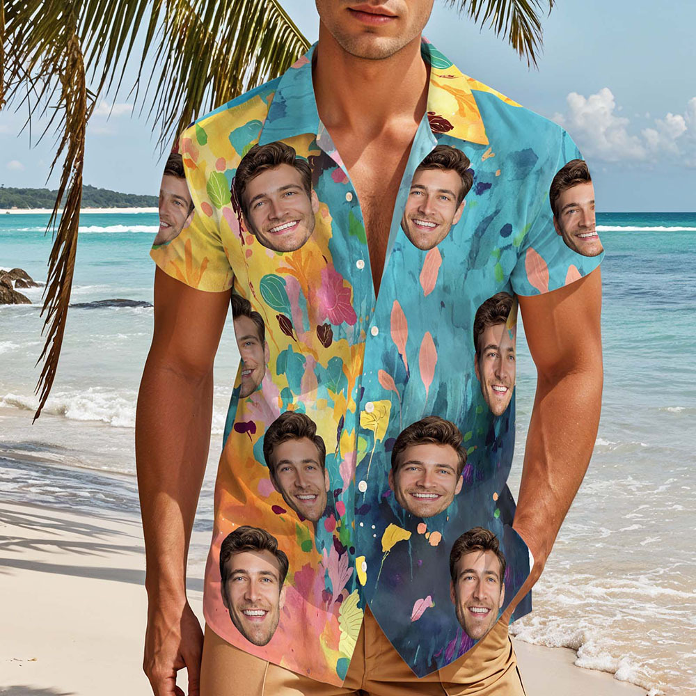 Custom Hawaiian Shirt with Blue Yellow Leaves Oil Painting-style Personalized Gift for Men - makephotopuzzleuk