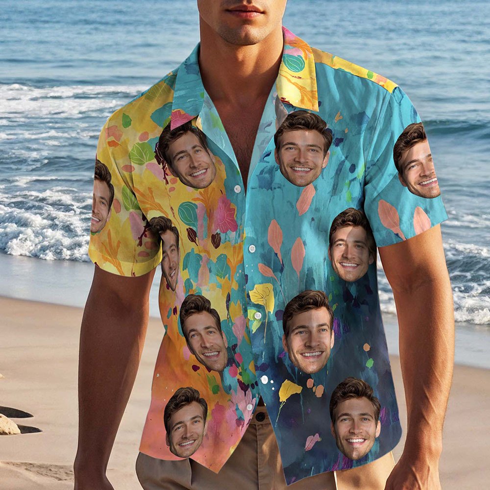 Custom Hawaiian Shirt with Blue Yellow Leaves Oil Painting-style Personalized Gift for Men - makephotopuzzleuk