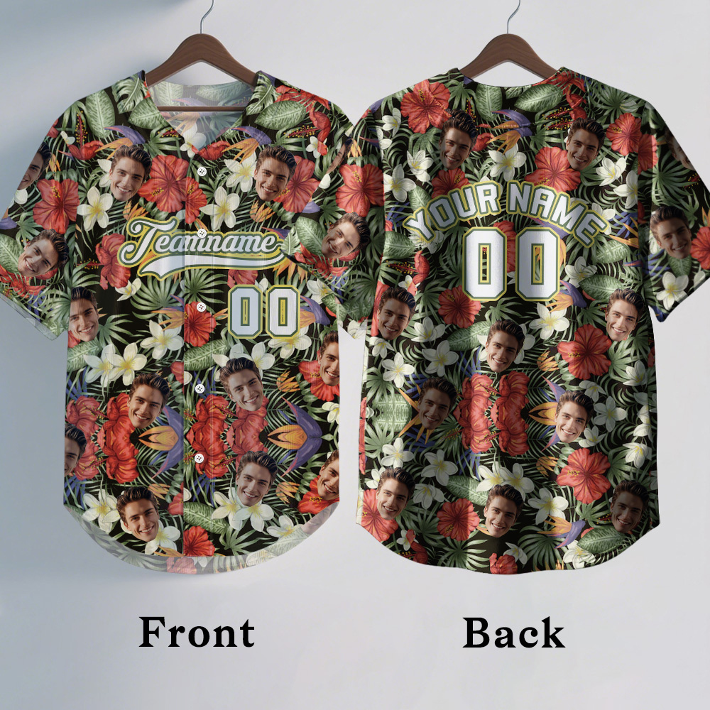 Custom Hawaiian Baseball Jersey with Face Teamname Name Number Personalized Hawaii Floral Shirt for Men Women - makephotopuzzleuk