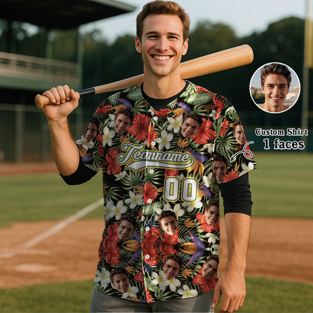 Custom Hawaiian Baseball Jersey with Face Teamname Name Number Personalized Hawaii Floral Shirt for Men Women - makephotopuzzleuk