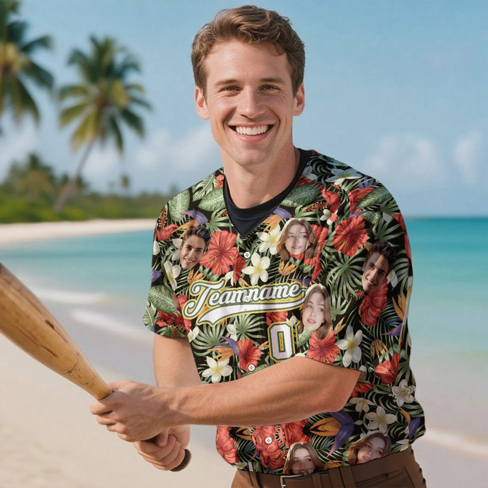 Custom Hawaiian Baseball Jersey with Face Teamname Name Number Personalized Hawaii Floral Shirt for Men Women - makephotopuzzleuk