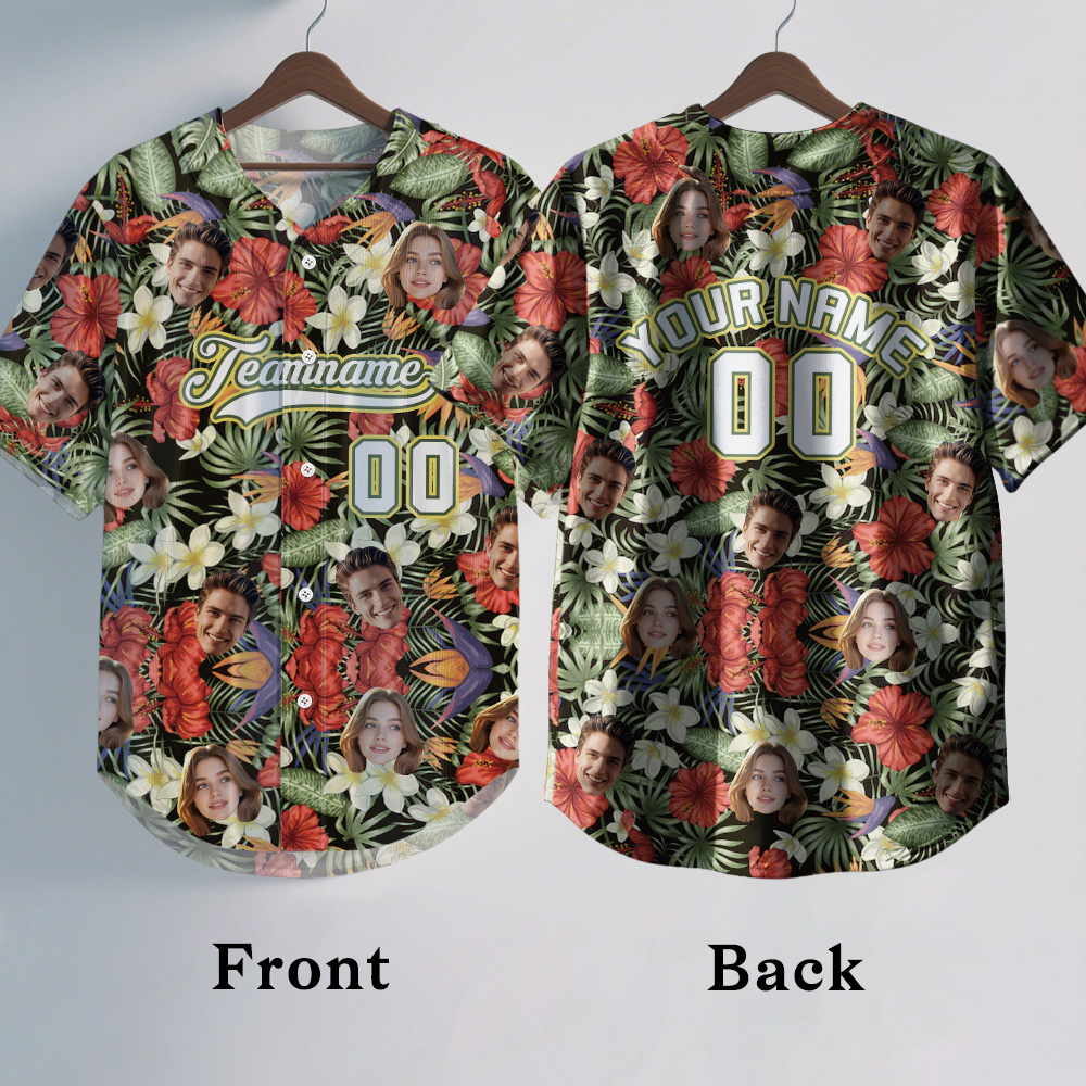 Custom Hawaiian Baseball Jersey with Face Teamname Name Number Personalized Hawaii Floral Shirt for Men Women - makephotopuzzleuk