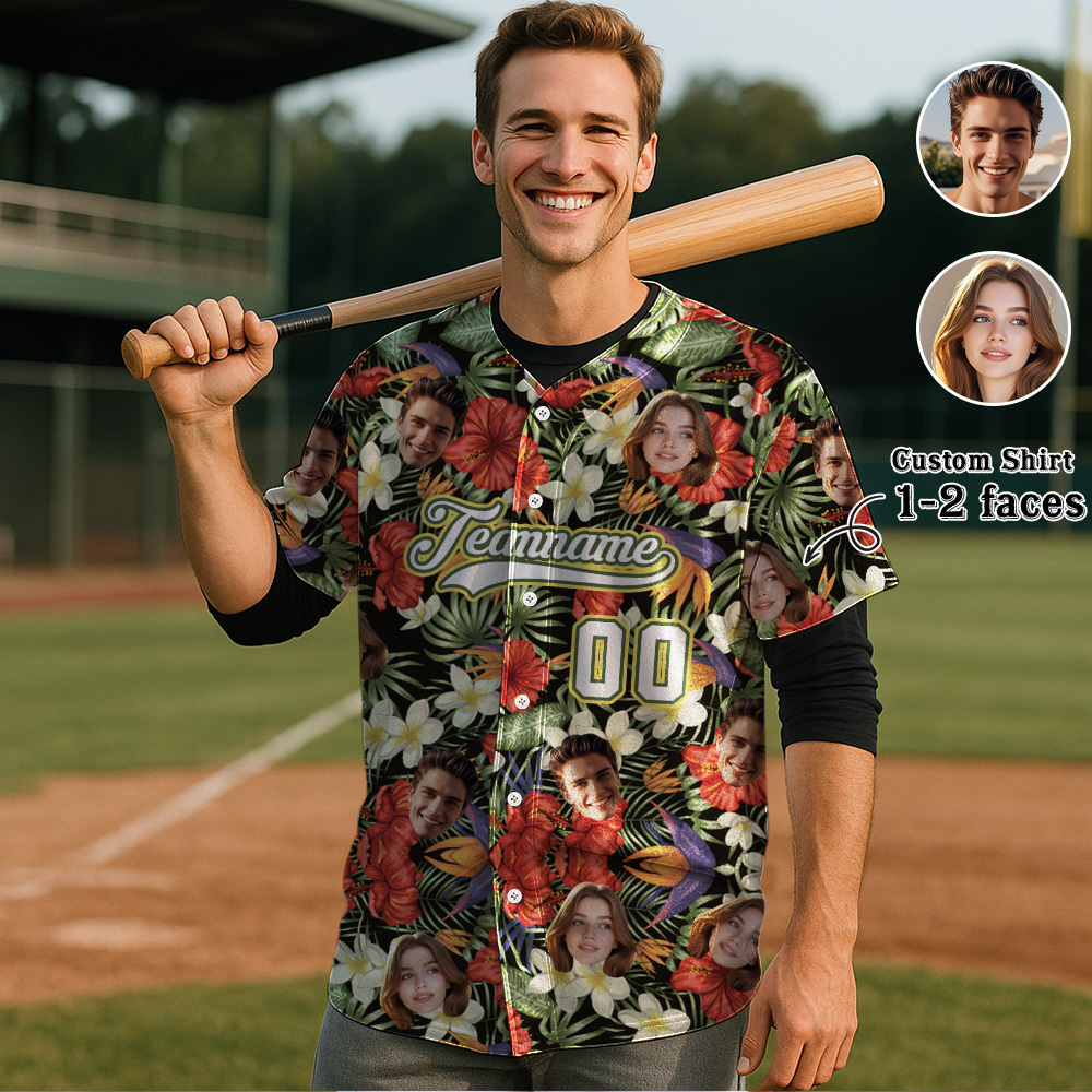 Custom Hawaiian Baseball Jersey with Face Teamname Name Number Personalized Hawaii Floral Shirt for Men Women - makephotopuzzleuk