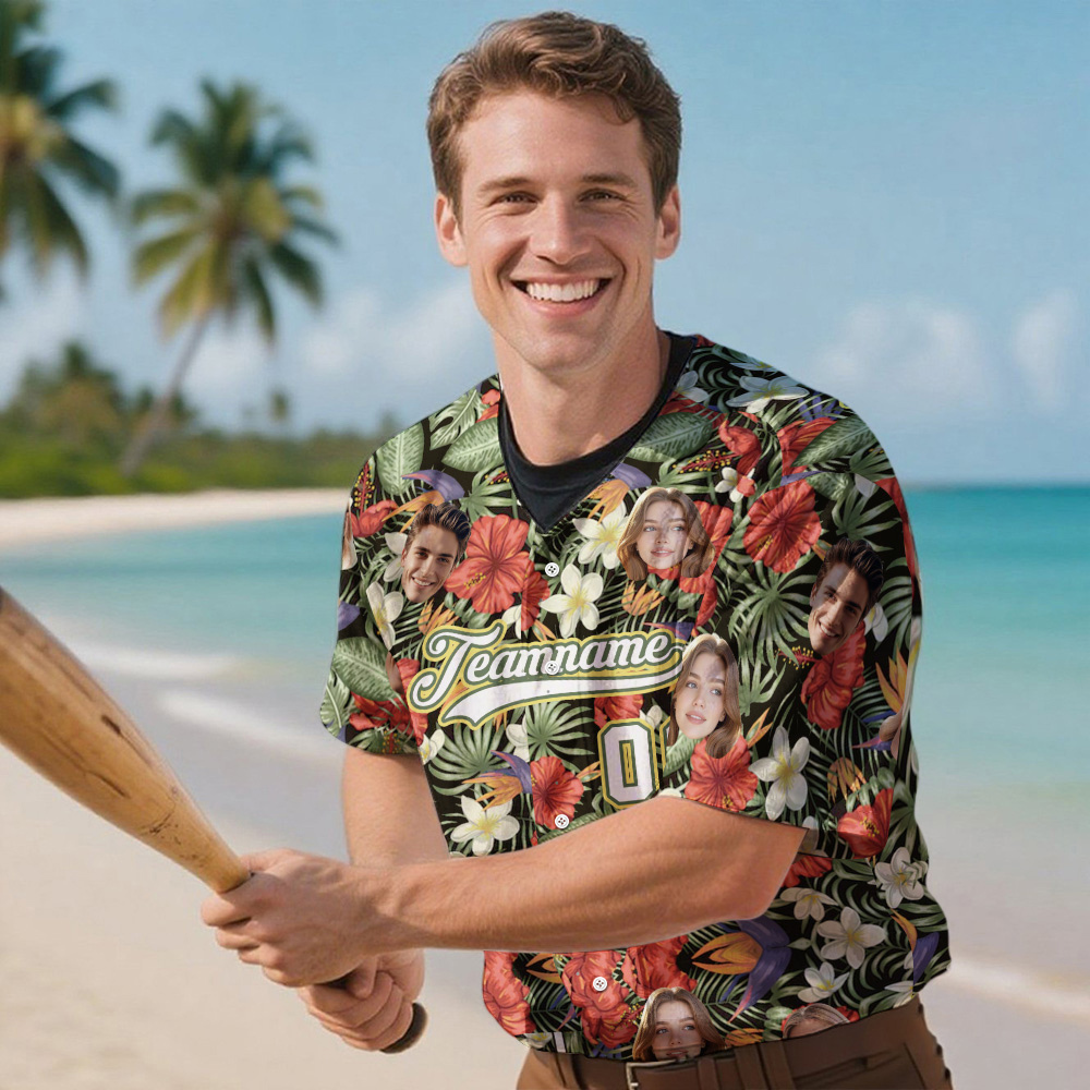 Custom Hawaiian Baseball Jersey with Face Teamname Name Number Personalized Hawaii Floral Shirt for Men Women - makephotopuzzleuk
