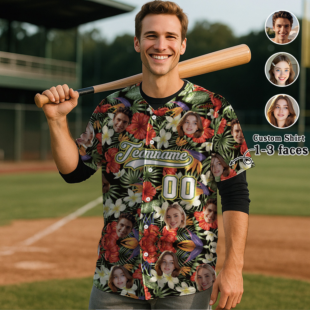Custom Hawaiian Baseball Jersey with Face Teamname Name Number Personalized Hawaii Floral Shirt for Men Women - makephotopuzzleuk