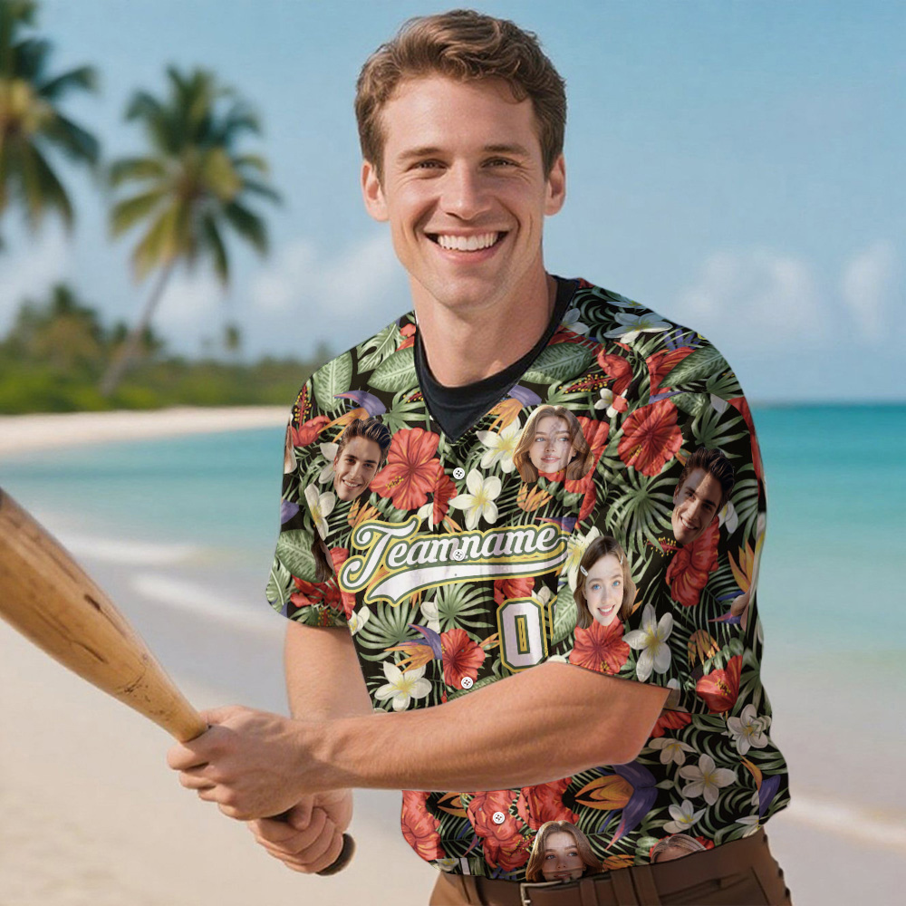 Custom Hawaiian Baseball Jersey with Face Teamname Name Number Personalized Hawaii Floral Shirt for Men Women - makephotopuzzleuk