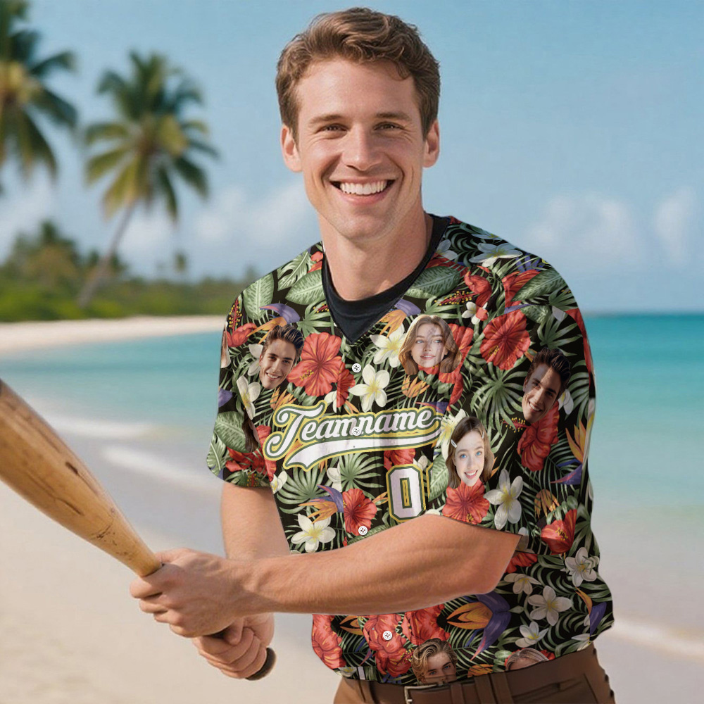Custom Hawaiian Baseball Jersey with Face Teamname Name Number Personalized Hawaii Floral Shirt for Men Women - makephotopuzzleuk