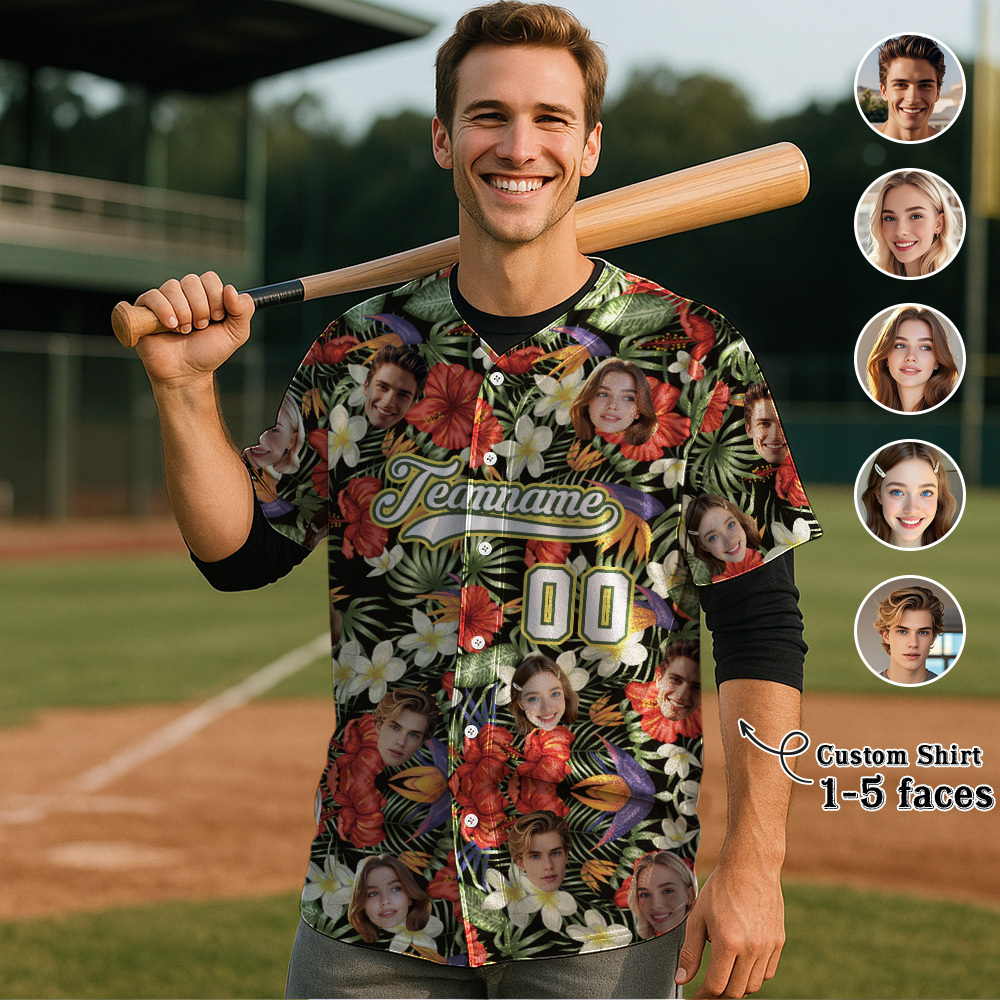 Custom Hawaiian Baseball Jersey with Face Teamname Name Number Personalized Hawaii Floral Shirt for Men Women - makephotopuzzleuk