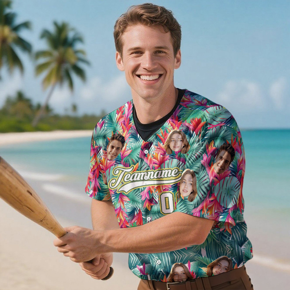 Custom Hawaiian Baseball Jersey with Face Teamname Name Number Personalized Hawaii Floral Shirt for Men Women - makephotopuzzleuk