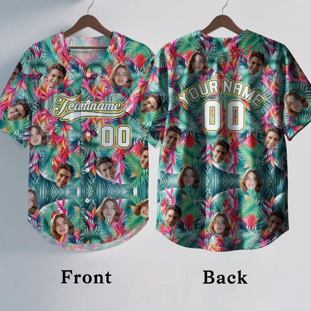 Custom Hawaiian Baseball Jersey with Face Teamname Name Number Personalized Hawaii Floral Shirt for Men Women - makephotopuzzleuk