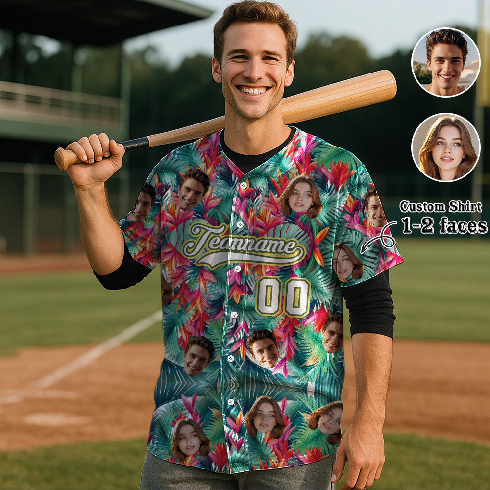 Custom Hawaiian Baseball Jersey with Face Teamname Name Number Personalized Hawaii Floral Shirt for Men Women - makephotopuzzleuk