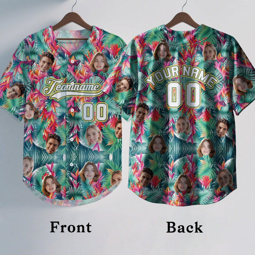 Custom Hawaiian Baseball Jersey with Face Teamname Name Number Personalized Hawaii Floral Shirt for Men Women - makephotopuzzleuk