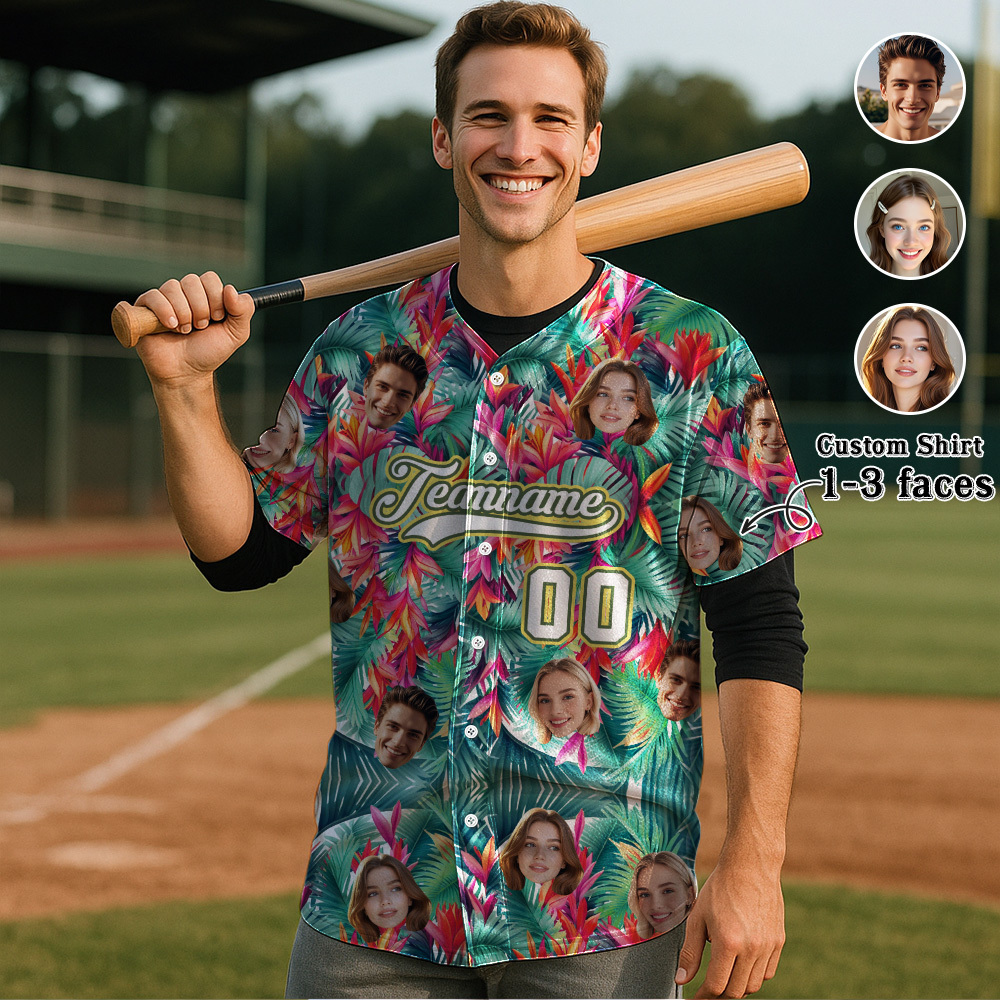 Custom Hawaiian Baseball Jersey with Face Teamname Name Number Personalized Hawaii Floral Shirt for Men Women - makephotopuzzleuk