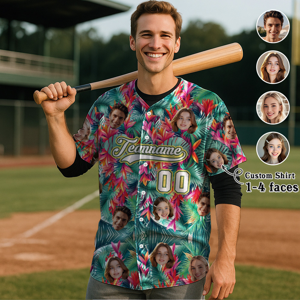 Custom Hawaiian Baseball Jersey with Face Teamname Name Number Personalized Hawaii Floral Shirt for Men Women - makephotopuzzleuk