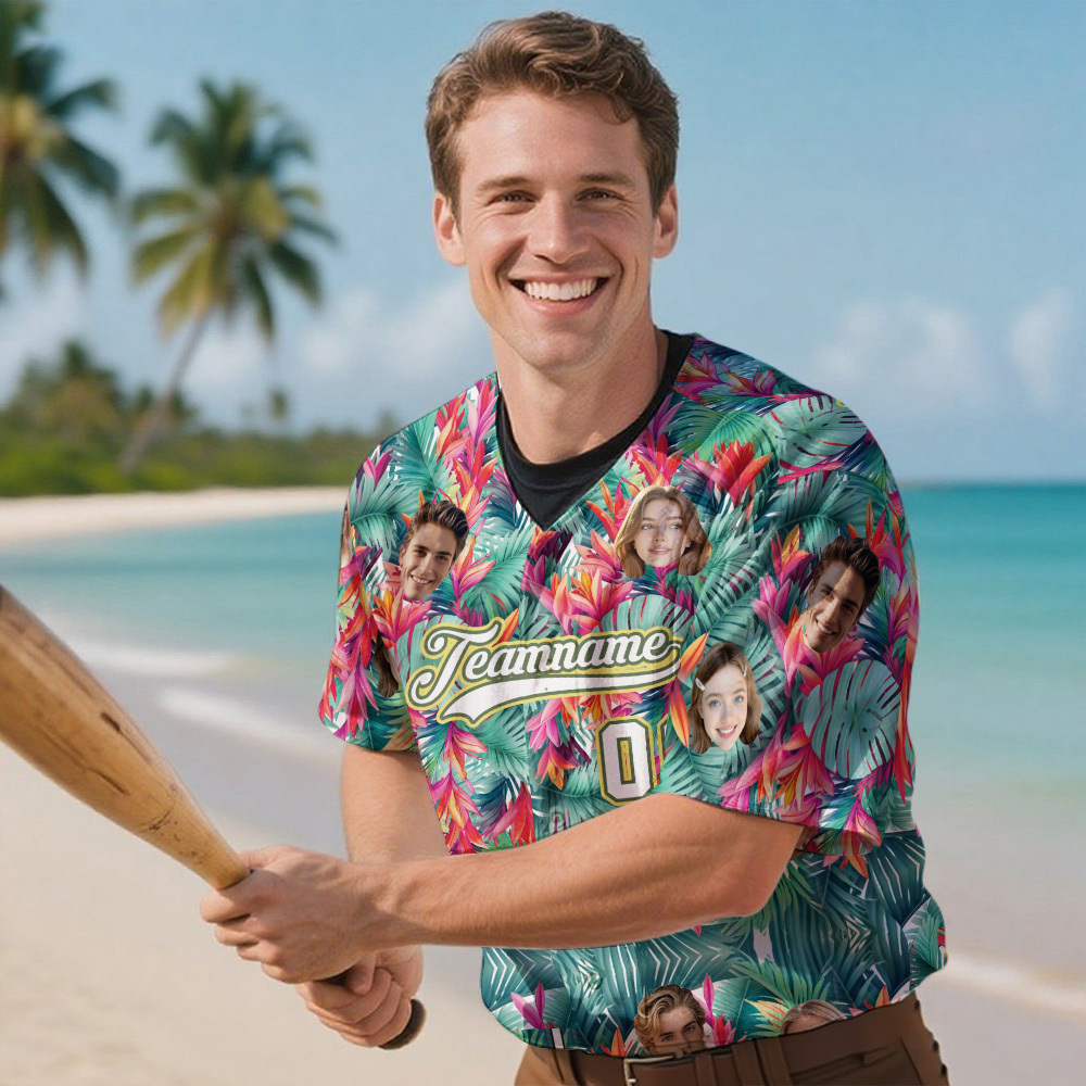Custom Hawaiian Baseball Jersey with Face Teamname Name Number Personalized Hawaii Floral Shirt for Men Women - makephotopuzzleuk