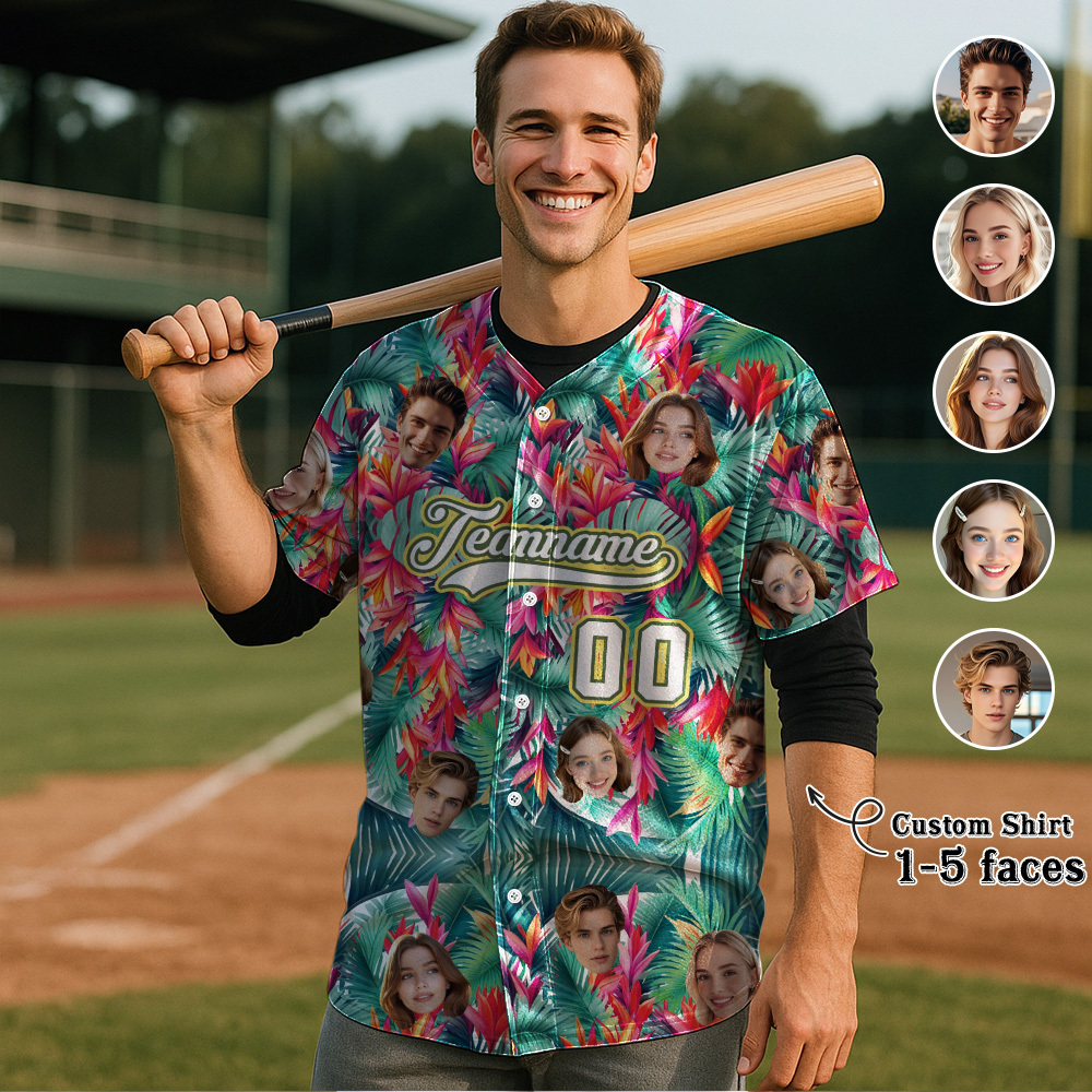 Custom Hawaiian Baseball Jersey with Face Teamname Name Number Personalized Hawaii Floral Shirt for Men Women - makephotopuzzleuk