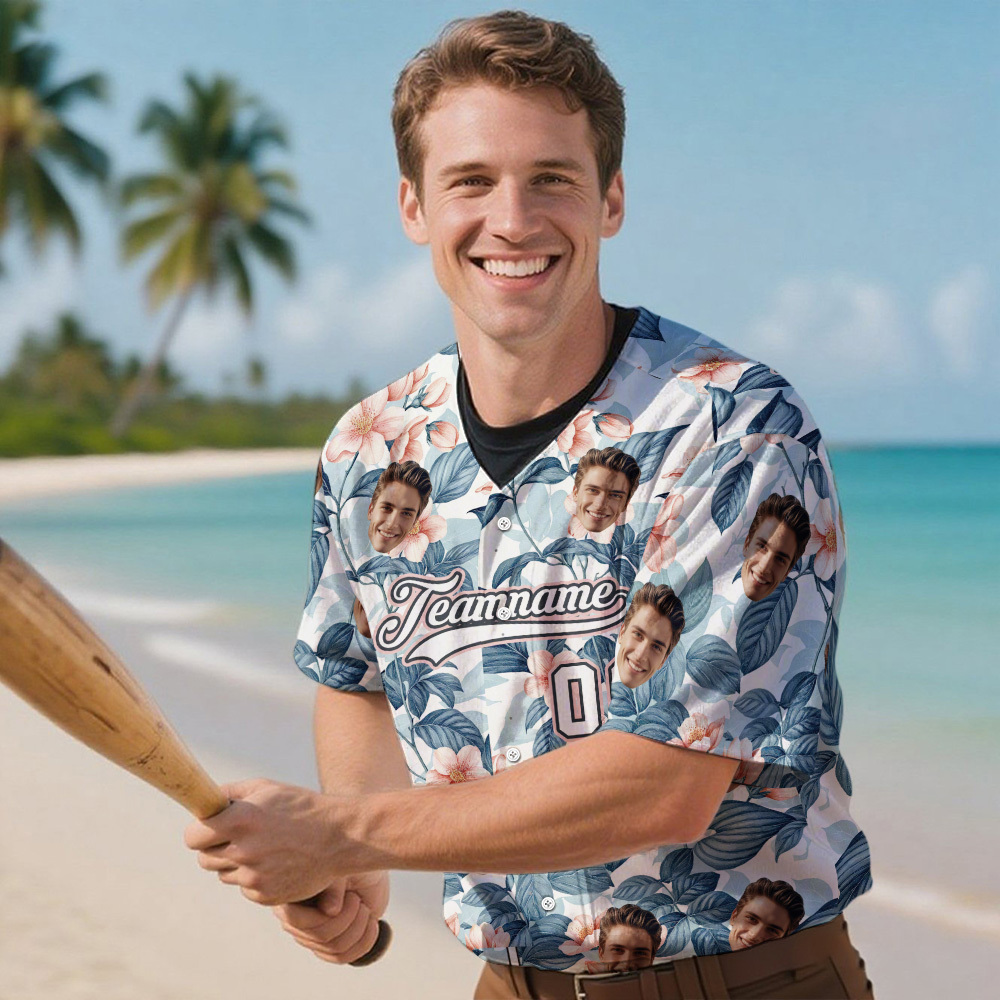 Custom Hawaiian Baseball Jersey with Face Teamname Name Number Personalized Hawaii Floral Shirt for Men Women - makephotopuzzleuk
