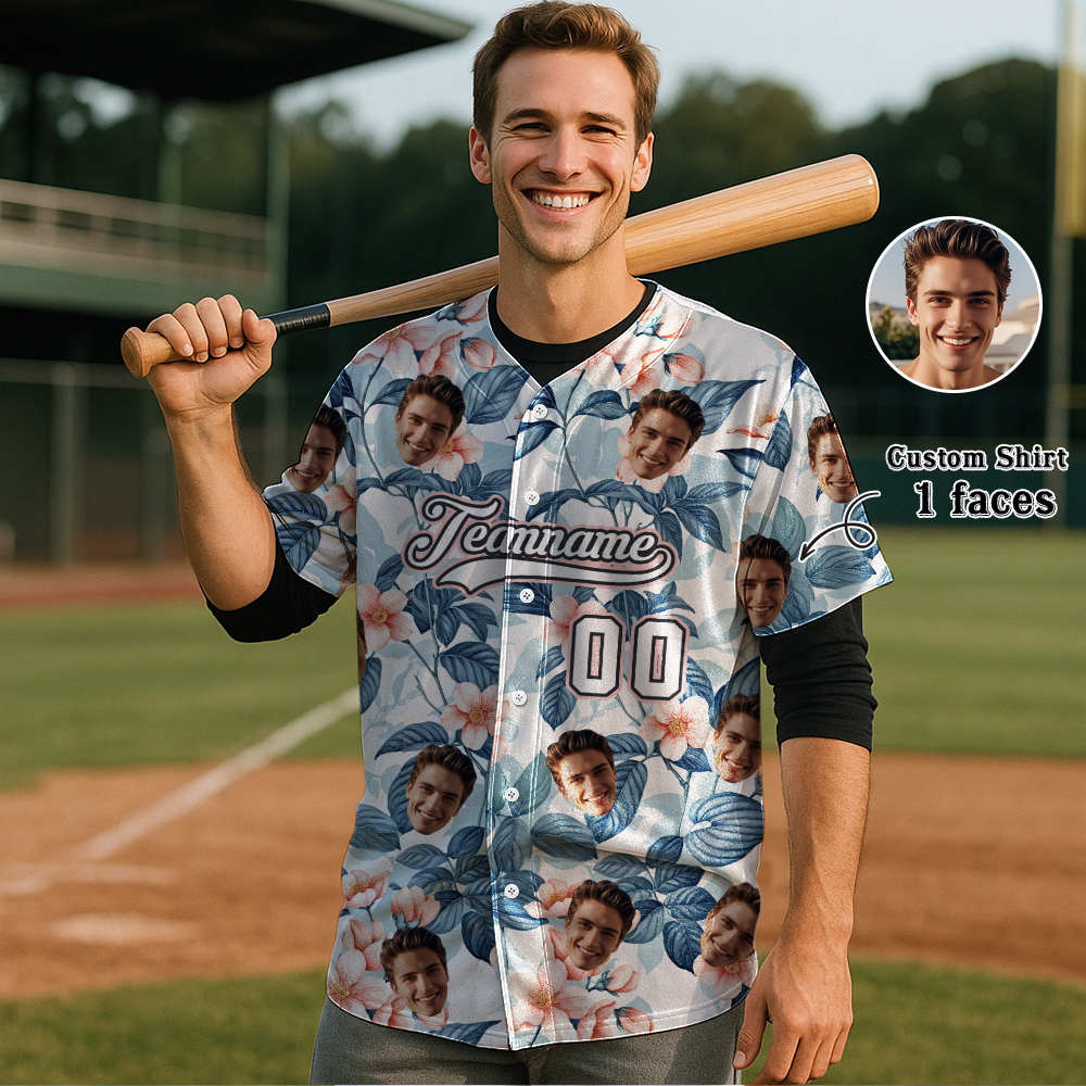 Custom Hawaiian Baseball Jersey with Face Teamname Name Number Personalized Hawaii Floral Shirt for Men Women - makephotopuzzleuk