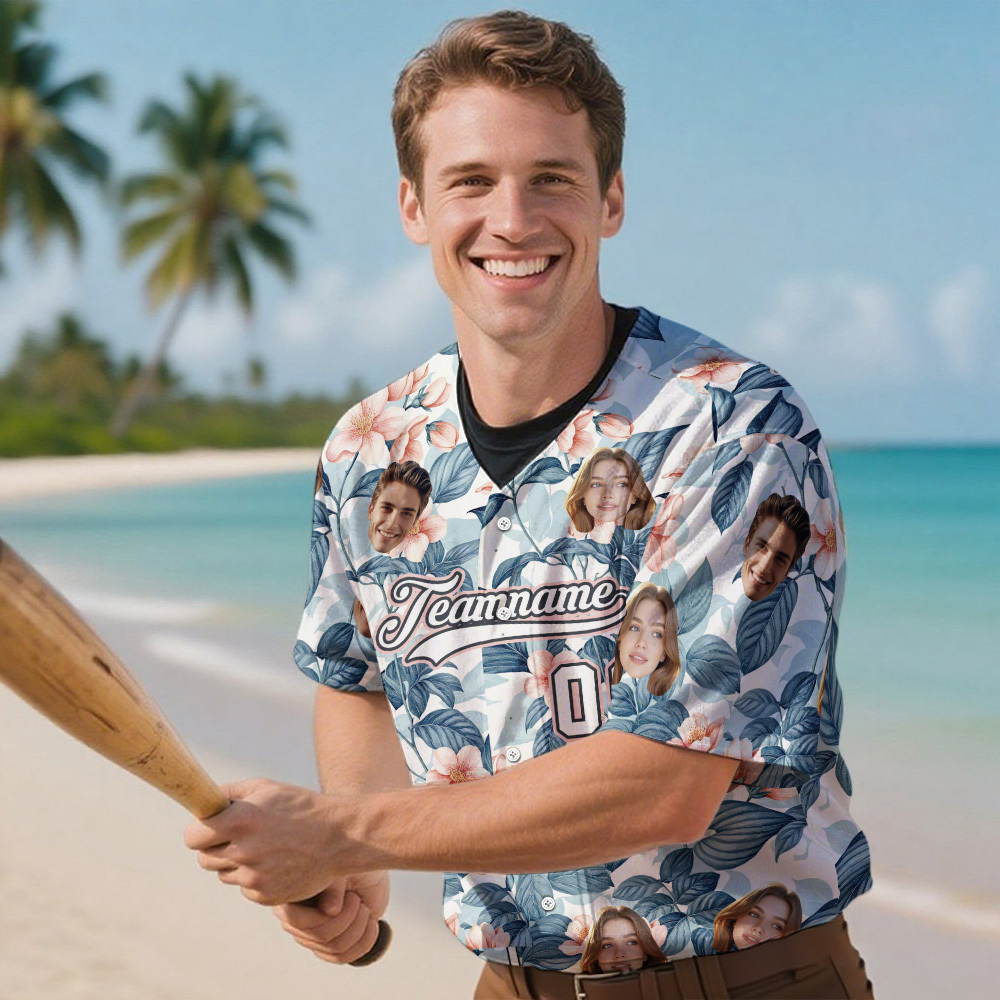 Custom Hawaiian Baseball Jersey with Face Teamname Name Number Personalized Hawaii Floral Shirt for Men Women - makephotopuzzleuk