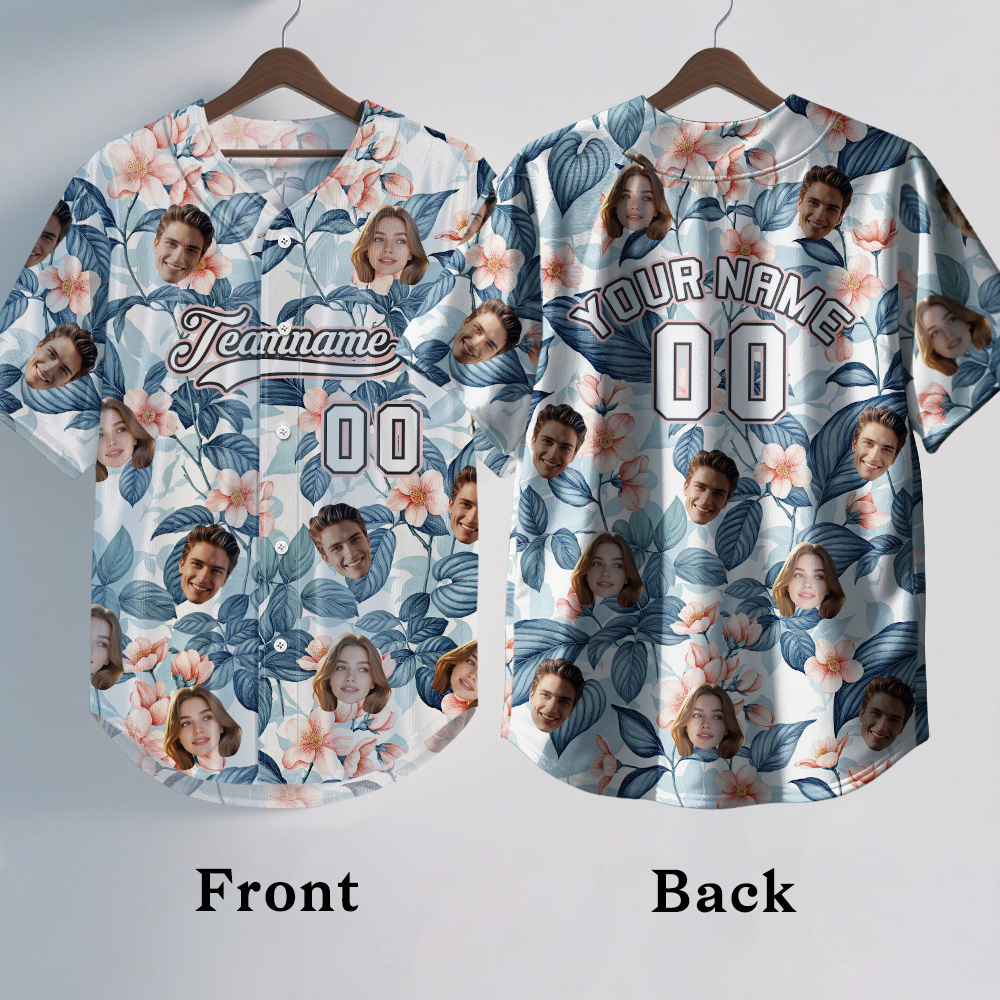Custom Hawaiian Baseball Jersey with Face Teamname Name Number Personalized Hawaii Floral Shirt for Men Women - makephotopuzzleuk