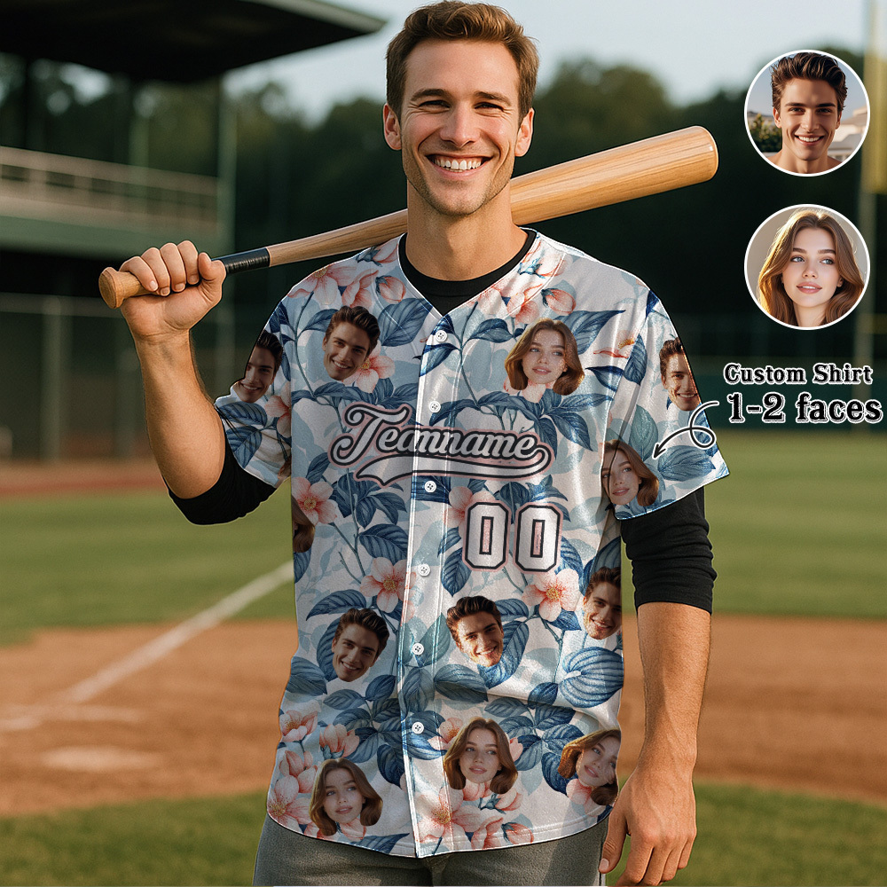 Custom Hawaiian Baseball Jersey with Face Teamname Name Number Personalized Hawaii Floral Shirt for Men Women - makephotopuzzleuk