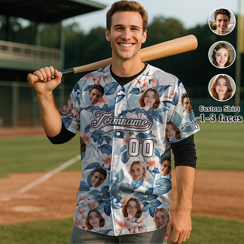 Custom Hawaiian Baseball Jersey with Face Teamname Name Number Personalized Hawaii Floral Shirt for Men Women - makephotopuzzleuk