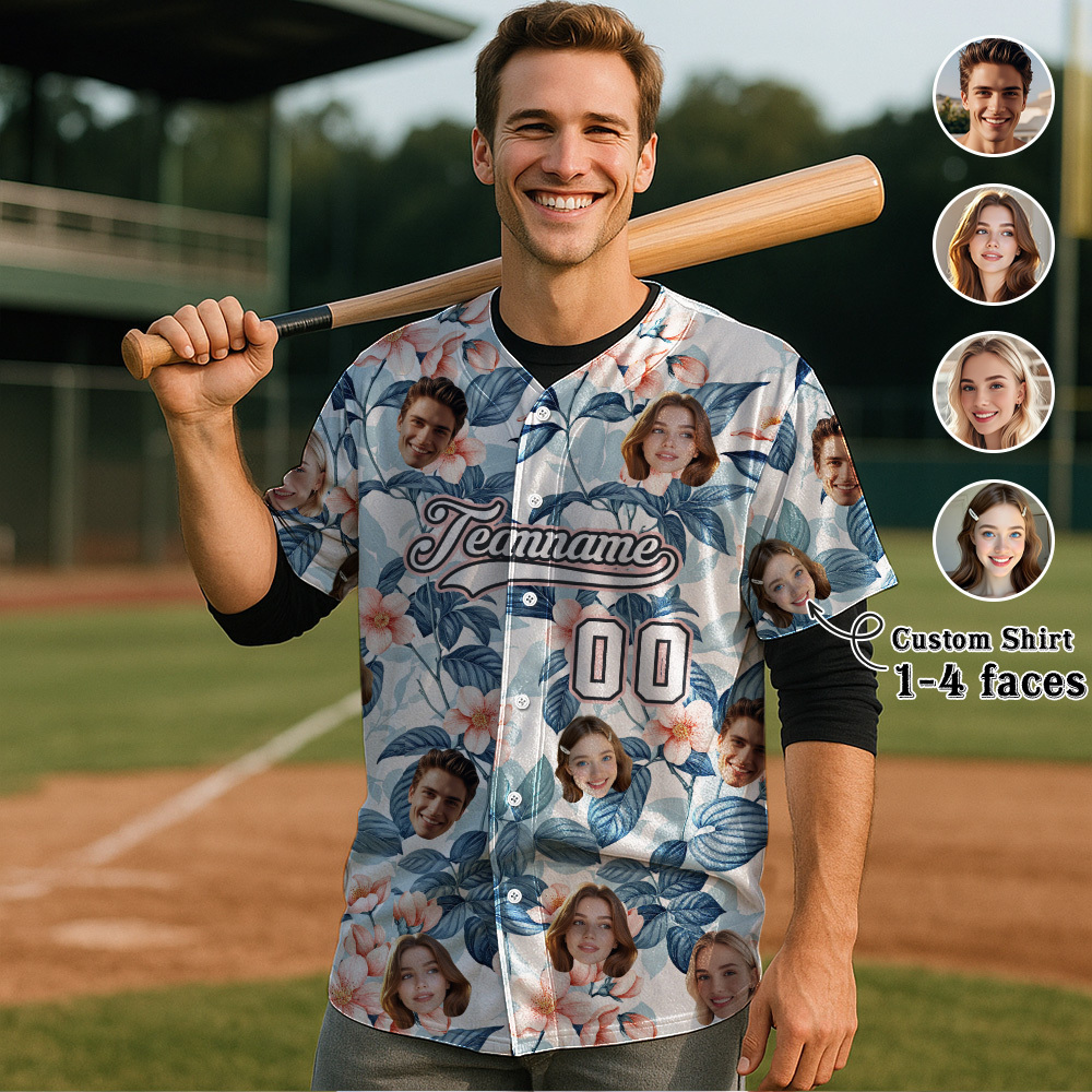 Custom Hawaiian Baseball Jersey with Face Teamname Name Number Personalized Hawaii Floral Shirt for Men Women - makephotopuzzleuk