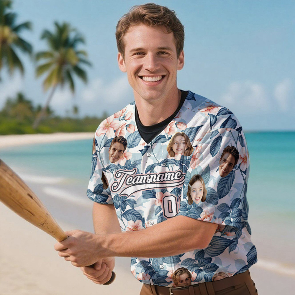 Custom Hawaiian Baseball Jersey with Face Teamname Name Number Personalized Hawaii Floral Shirt for Men Women - makephotopuzzleuk