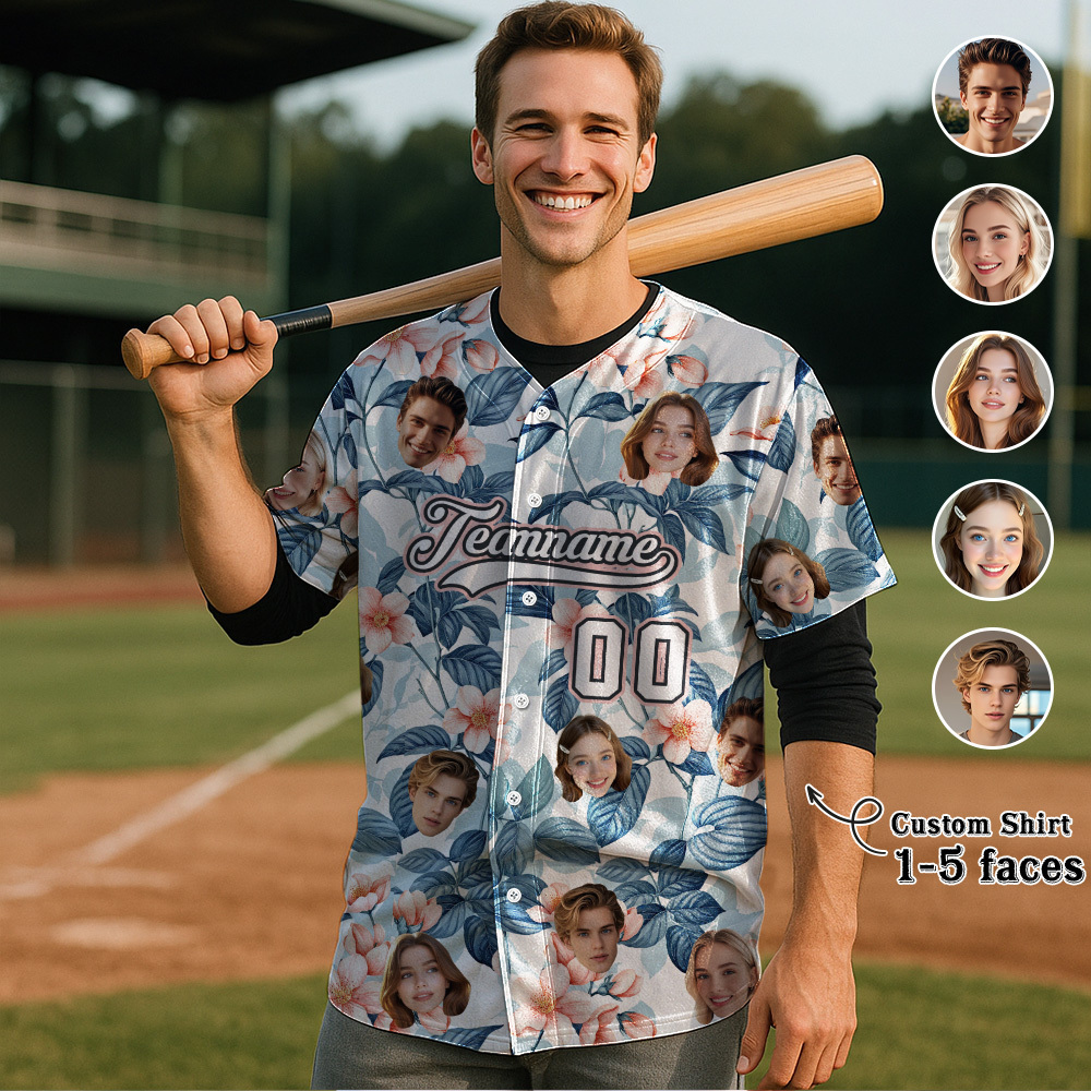 Custom Hawaiian Baseball Jersey with Face Teamname Name Number Personalized Hawaii Floral Shirt for Men Women - makephotopuzzleuk