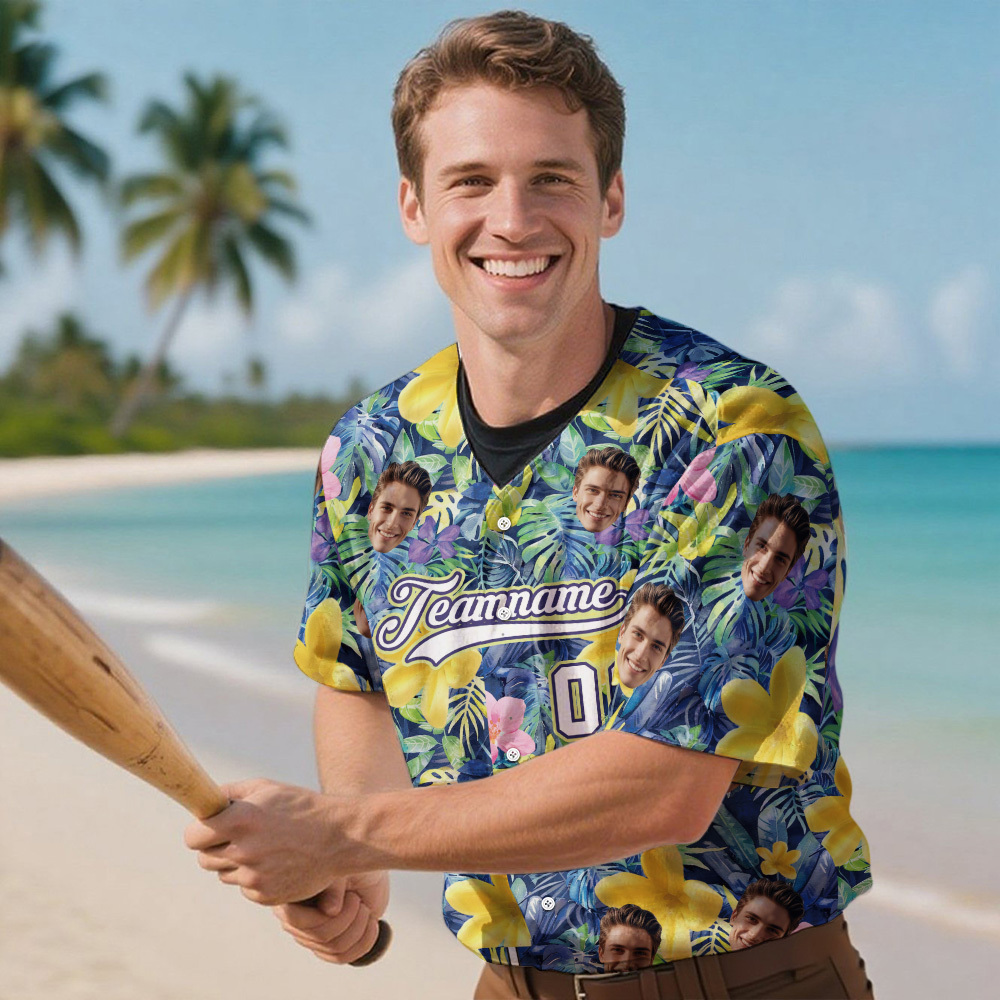 Custom Hawaiian Baseball Jersey with Face Teamname Name Number Personalized Hawaii Floral Shirt for Men Women - makephotopuzzleuk
