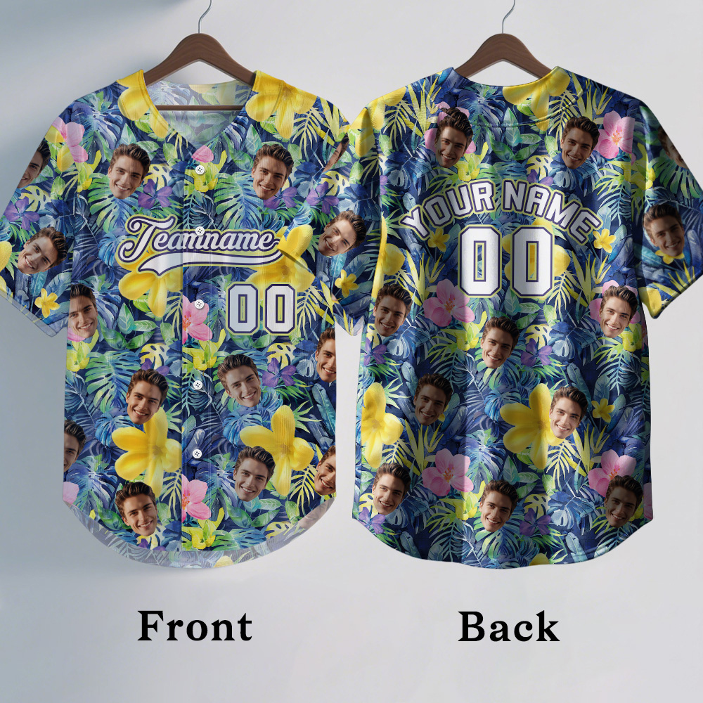 Custom Hawaiian Baseball Jersey with Face Teamname Name Number Personalized Hawaii Floral Shirt for Men Women - makephotopuzzleuk
