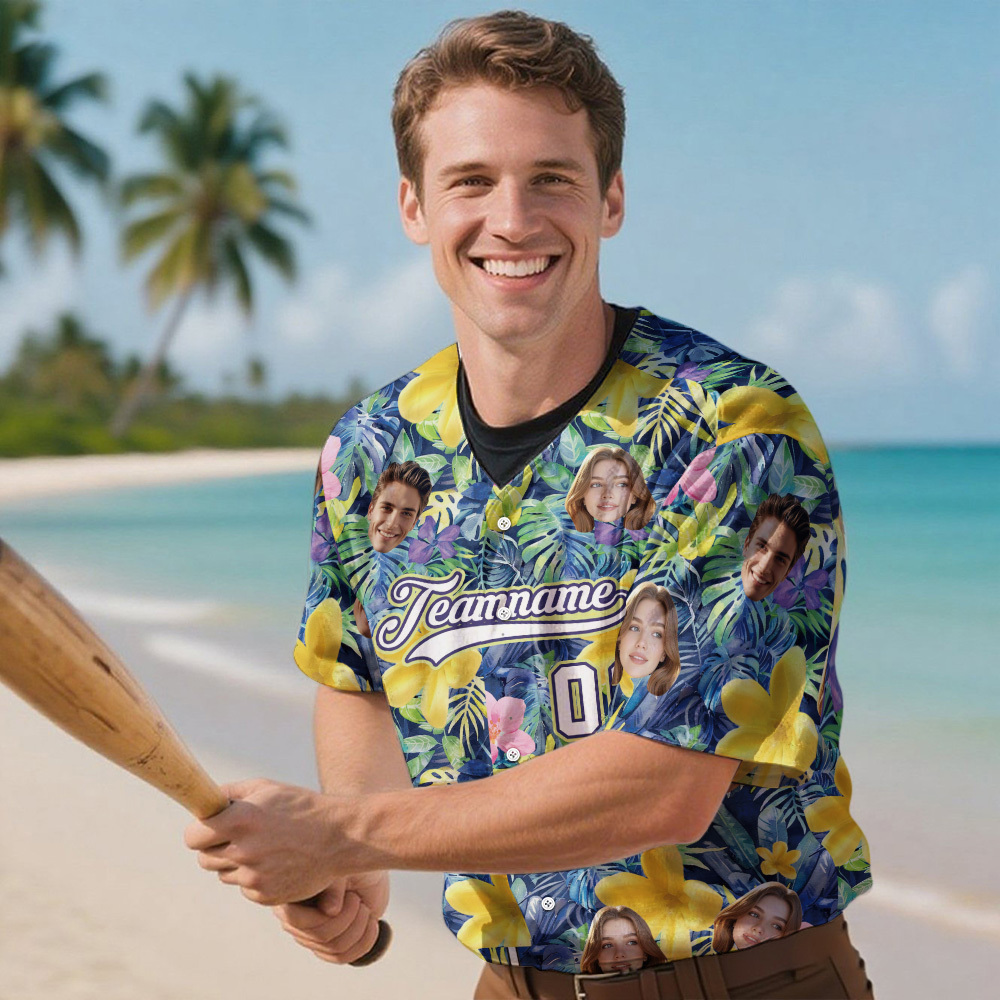Custom Hawaiian Baseball Jersey with Face Teamname Name Number Personalized Hawaii Floral Shirt for Men Women - makephotopuzzleuk