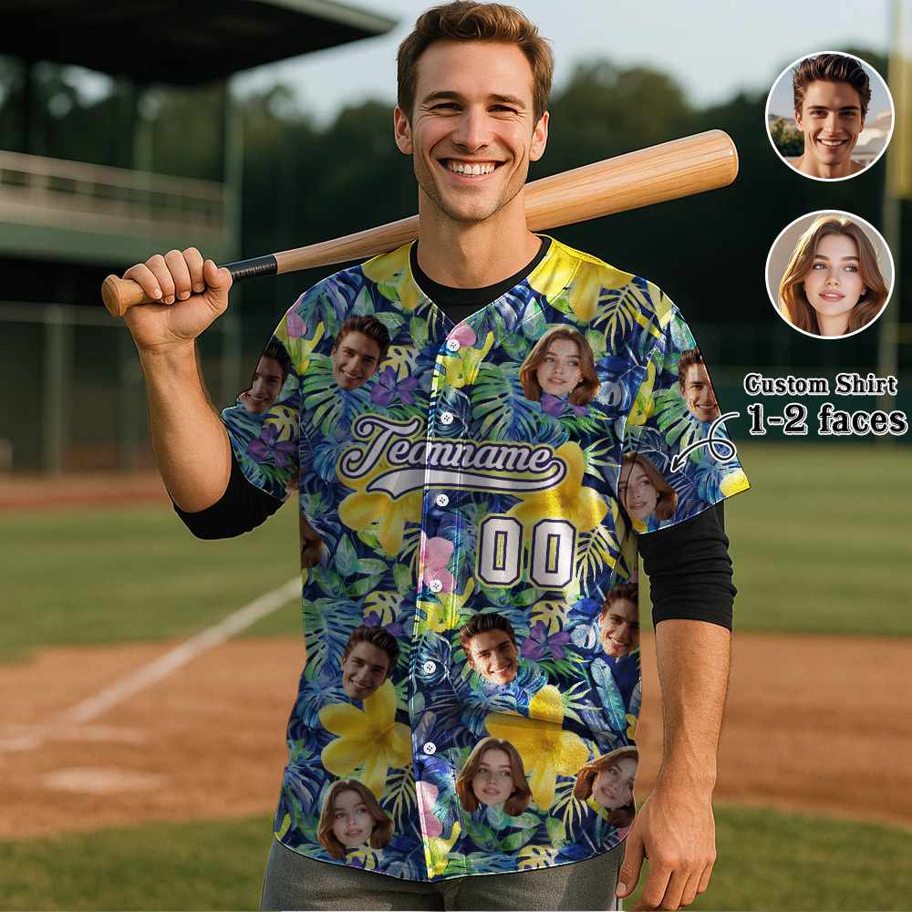 Custom Hawaiian Baseball Jersey with Face Teamname Name Number Personalized Hawaii Floral Shirt for Men Women - makephotopuzzleuk