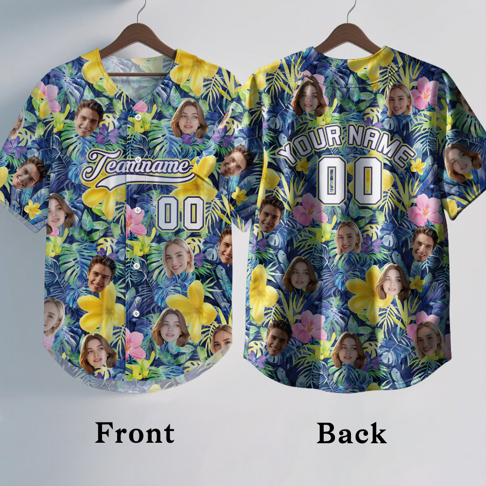 Custom Hawaiian Baseball Jersey with Face Teamname Name Number Personalized Hawaii Floral Shirt for Men Women - makephotopuzzleuk