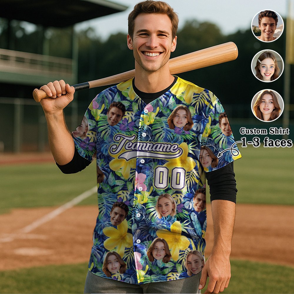 Custom Hawaiian Baseball Jersey with Face Teamname Name Number Personalized Hawaii Floral Shirt for Men Women - makephotopuzzleuk