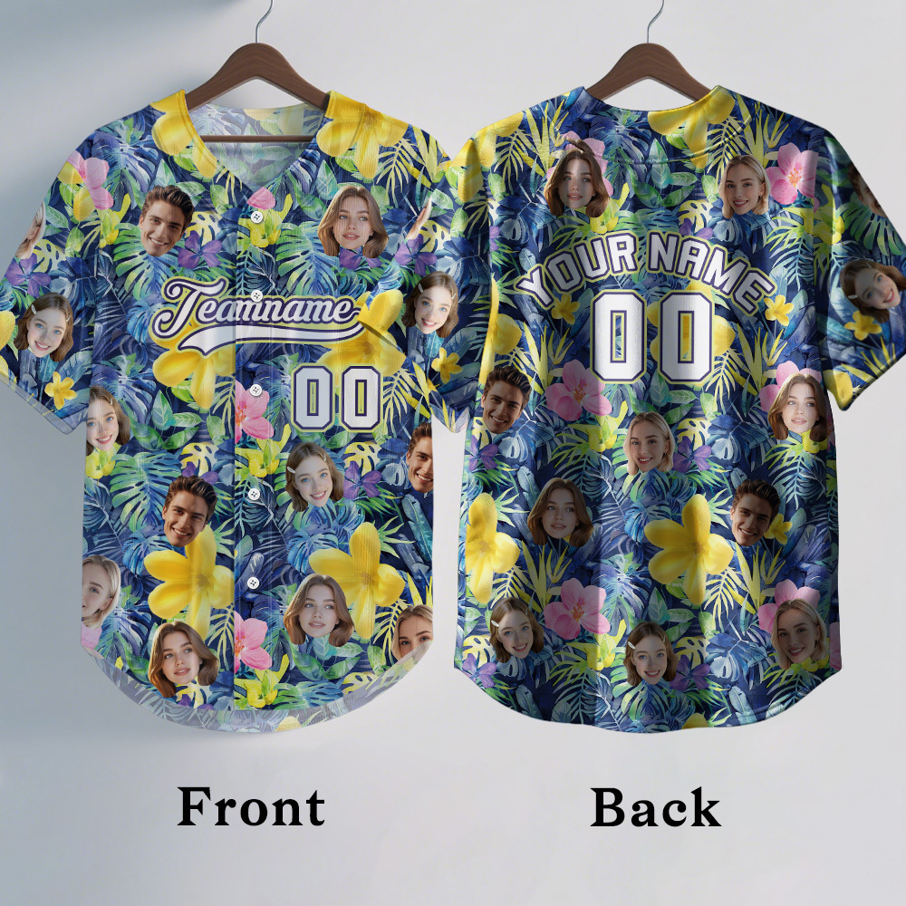 Custom Hawaiian Baseball Jersey with Face Teamname Name Number Personalized Hawaii Floral Shirt for Men Women - makephotopuzzleuk