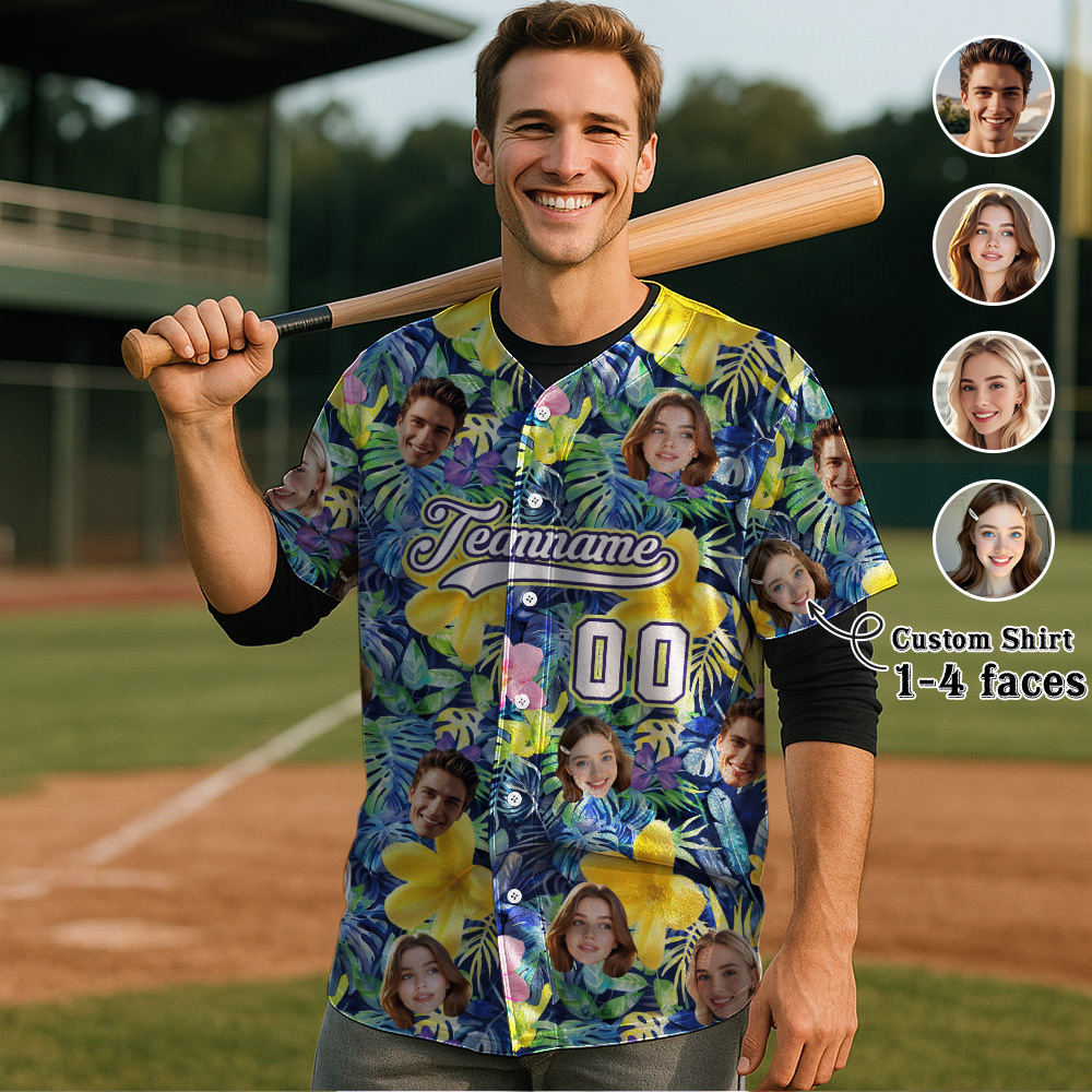 Custom Hawaiian Baseball Jersey with Face Teamname Name Number Personalized Hawaii Floral Shirt for Men Women - makephotopuzzleuk
