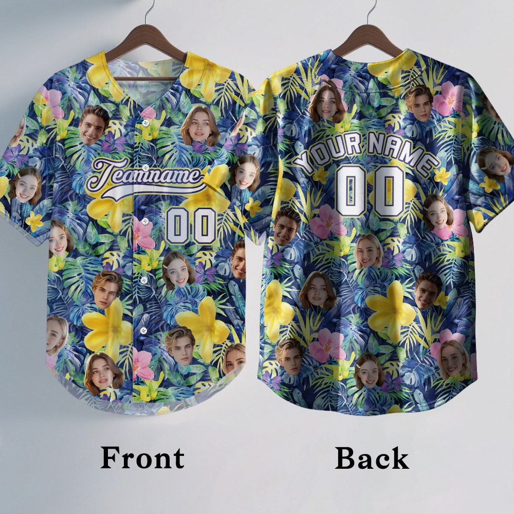 Custom Hawaiian Baseball Jersey with Face Teamname Name Number Personalized Hawaii Floral Shirt for Men Women - makephotopuzzleuk