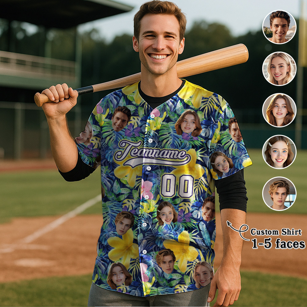 Custom Hawaiian Baseball Jersey with Face Teamname Name Number Personalized Hawaii Floral Shirt for Men Women - makephotopuzzleuk