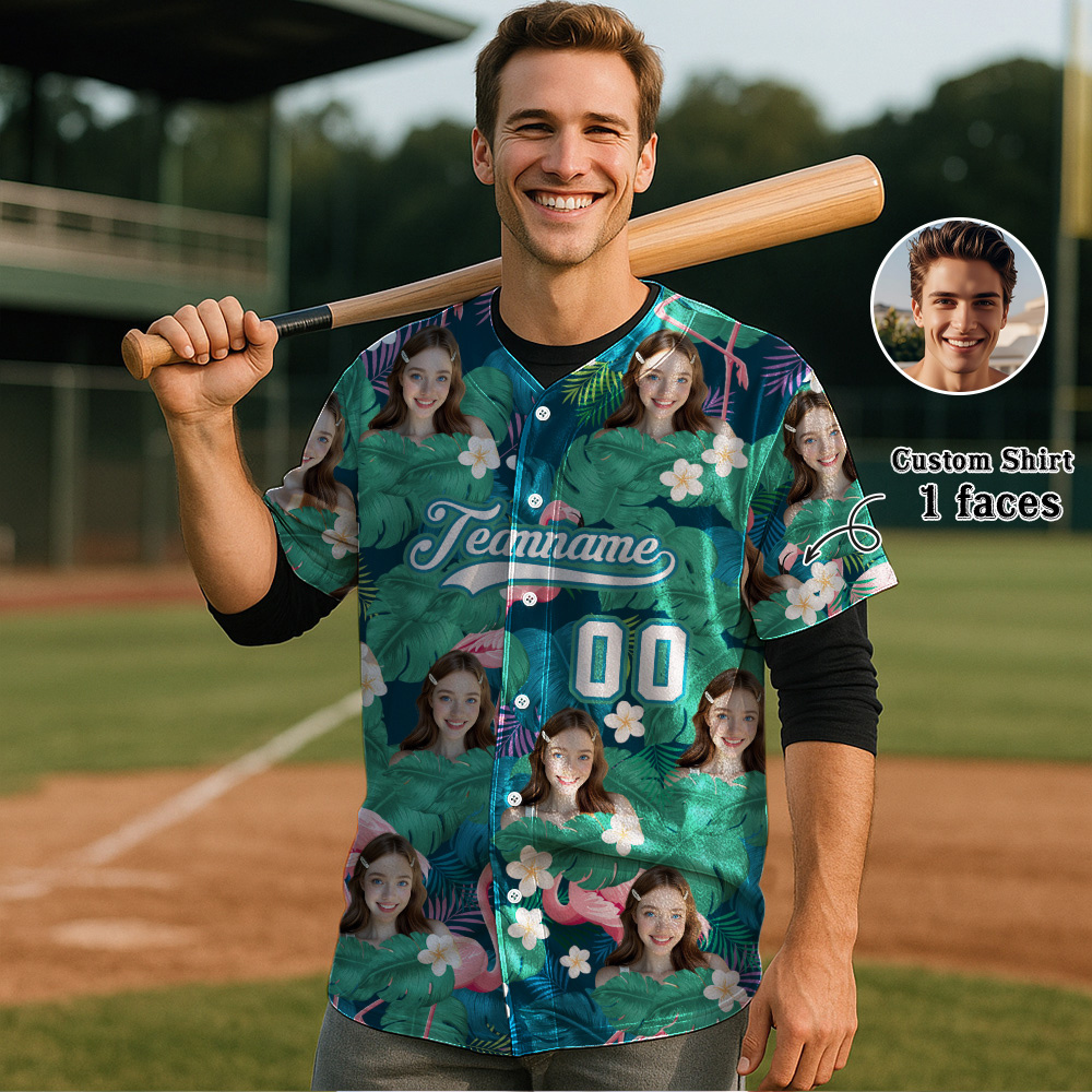Custom Hawaiian Baseball Jersey with Face Teamname Name Number Personalized Hawaii Floral Shirt for Men Women - makephotopuzzleuk
