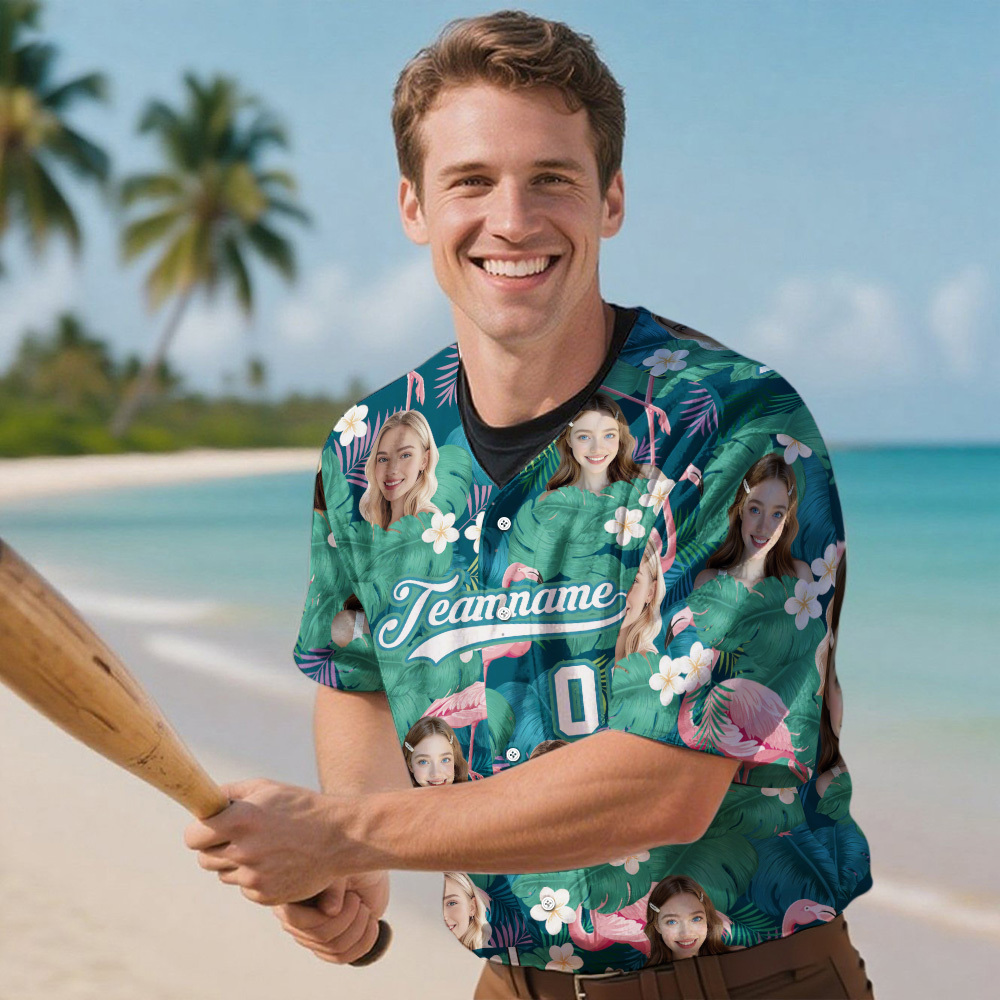 Custom Hawaiian Baseball Jersey with Face Teamname Name Number Personalized Hawaii Floral Shirt for Men Women - makephotopuzzleuk