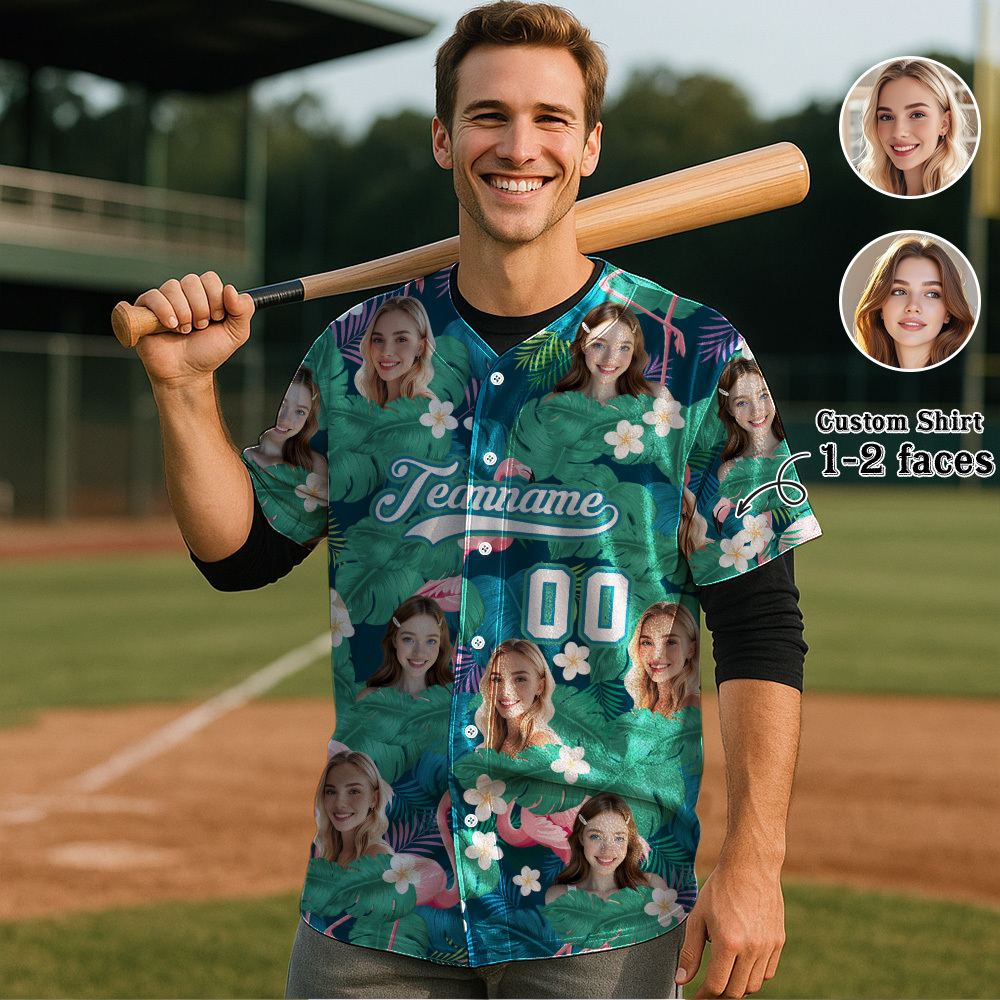 Custom Hawaiian Baseball Jersey with Face Teamname Name Number Personalized Hawaii Floral Shirt for Men Women - makephotopuzzleuk