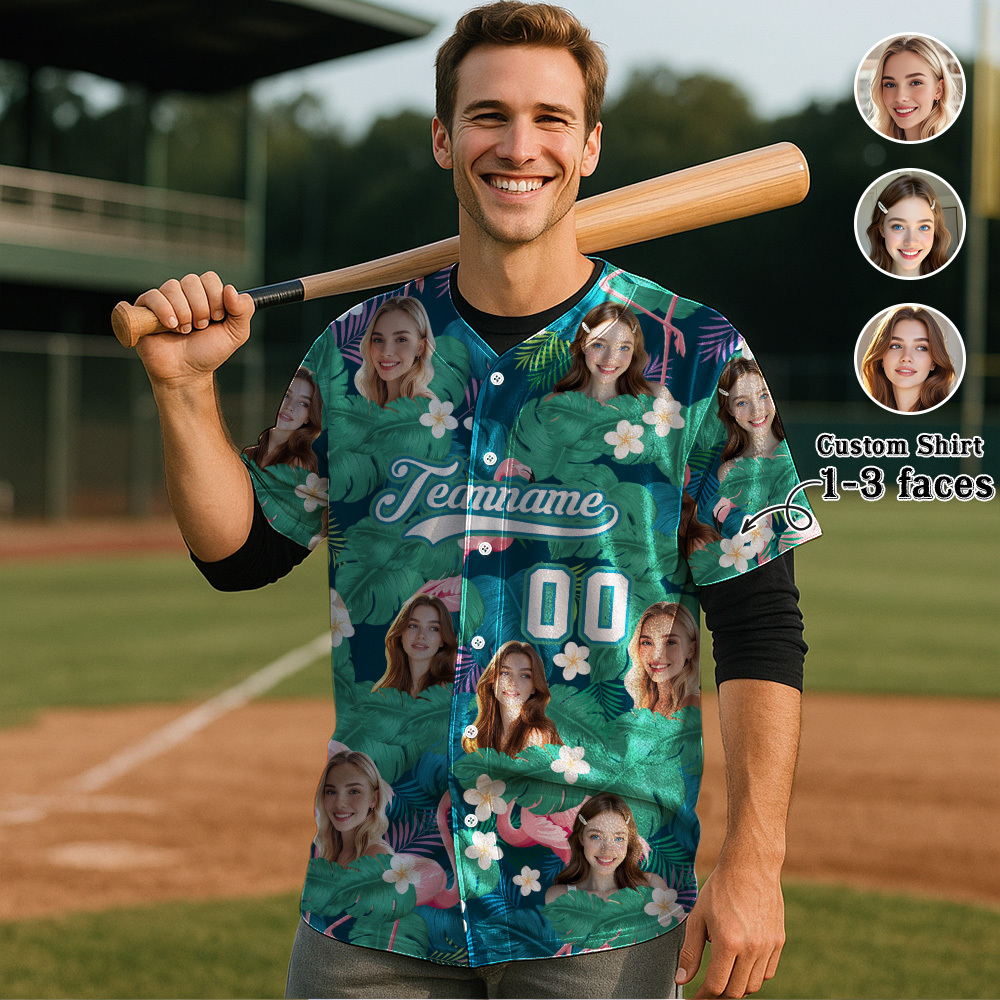 Custom Hawaiian Baseball Jersey with Face Teamname Name Number Personalized Hawaii Floral Shirt for Men Women - makephotopuzzleuk