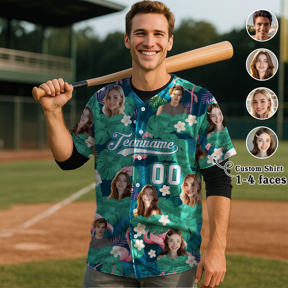 Custom Hawaiian Baseball Jersey with Face Teamname Name Number Personalized Hawaii Floral Shirt for Men Women - makephotopuzzleuk