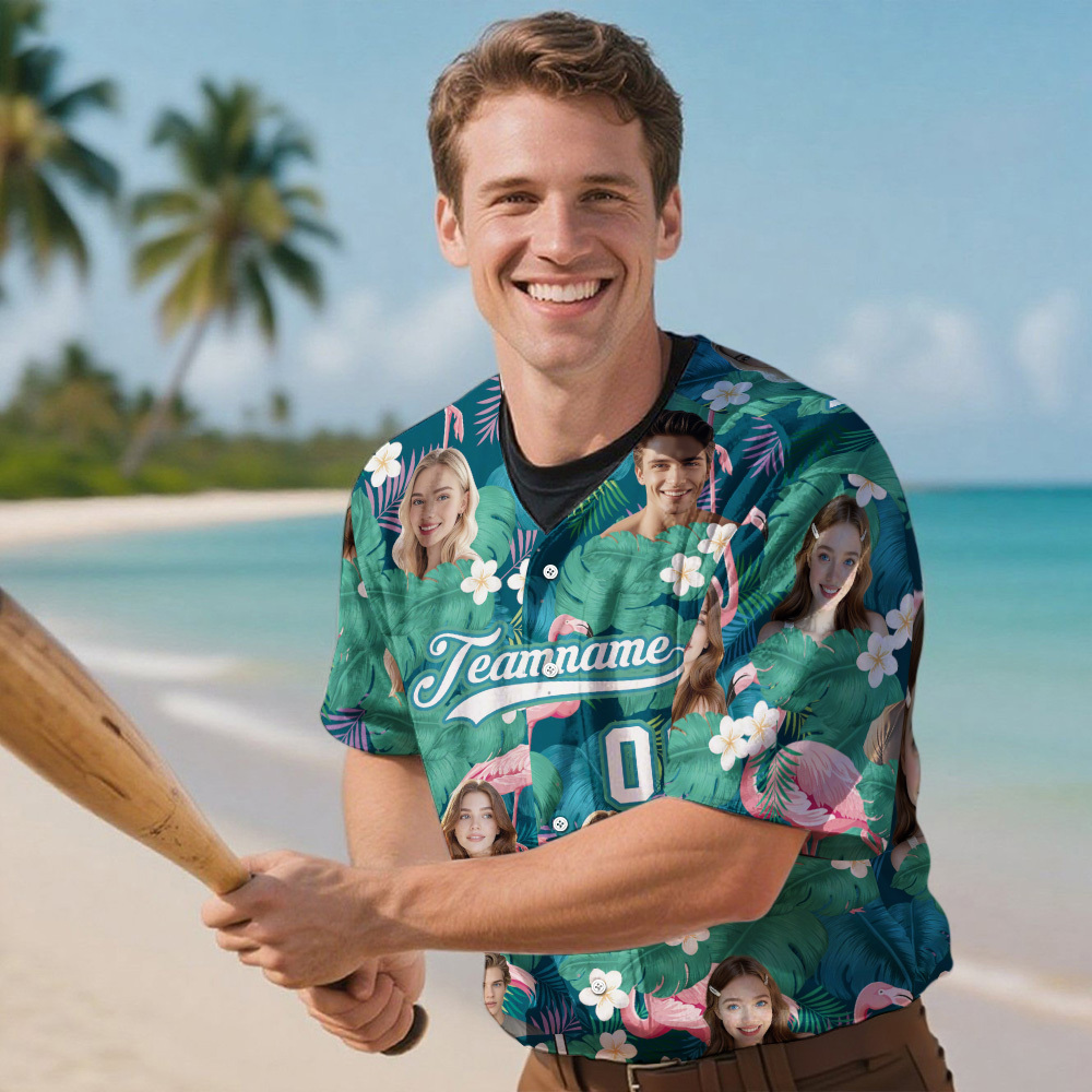 Custom Hawaiian Baseball Jersey with Face Teamname Name Number Personalized Hawaii Floral Shirt for Men Women - makephotopuzzleuk
