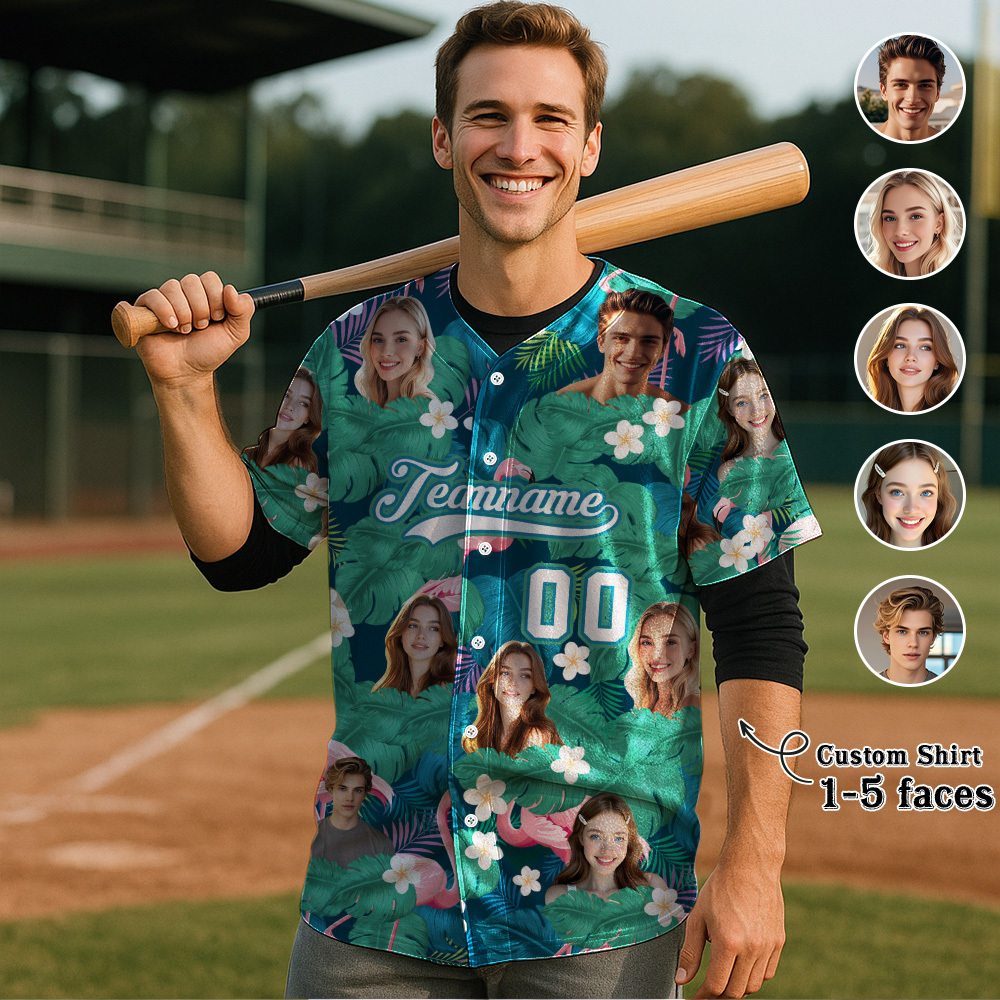 Custom Hawaiian Baseball Jersey with Face Teamname Name Number Personalized Hawaii Floral Shirt for Men Women - makephotopuzzleuk