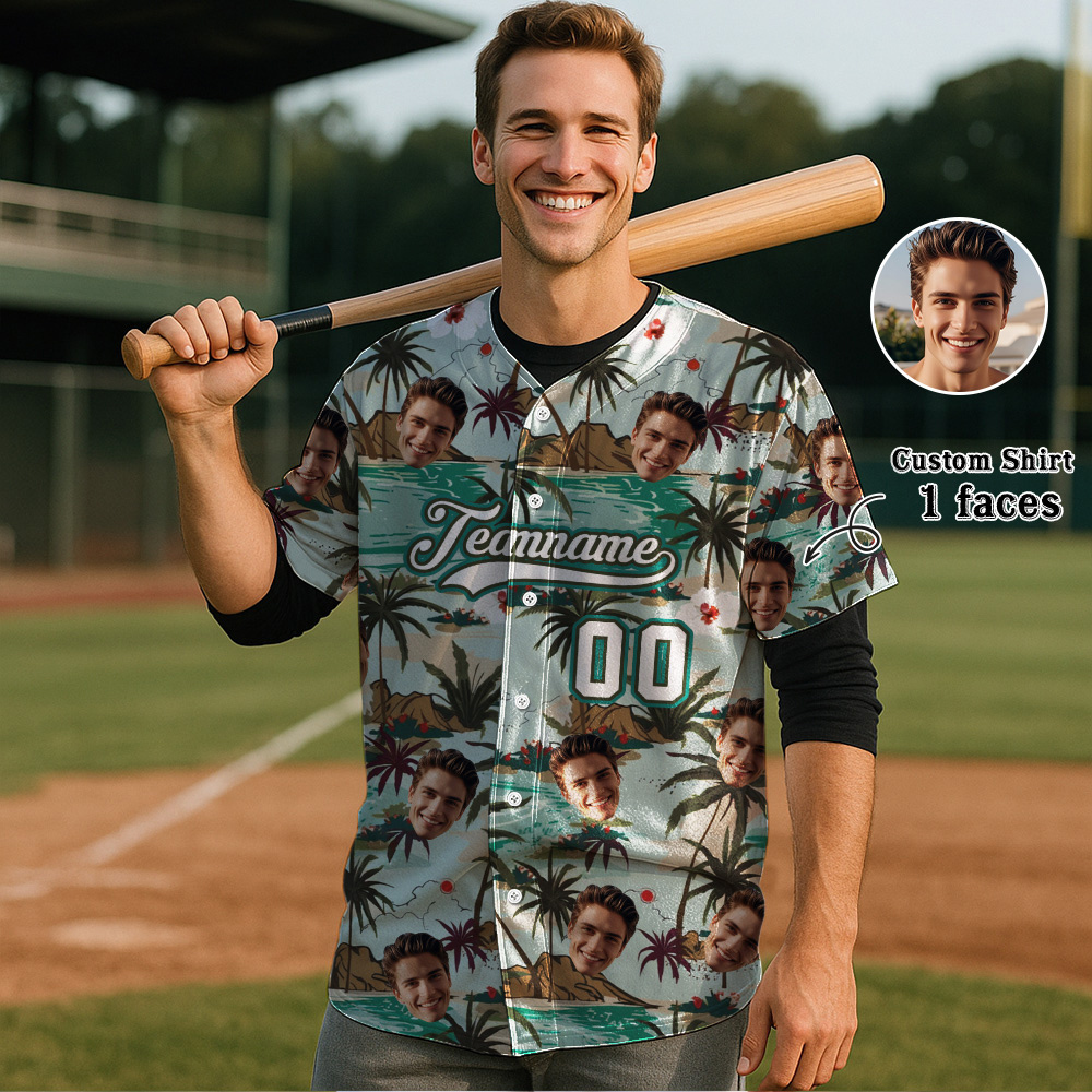 Custom Hawaiian Baseball Jersey with Face Teamname Name Number Personalized Hawaii Floral Shirt for Men Women - makephotopuzzleuk
