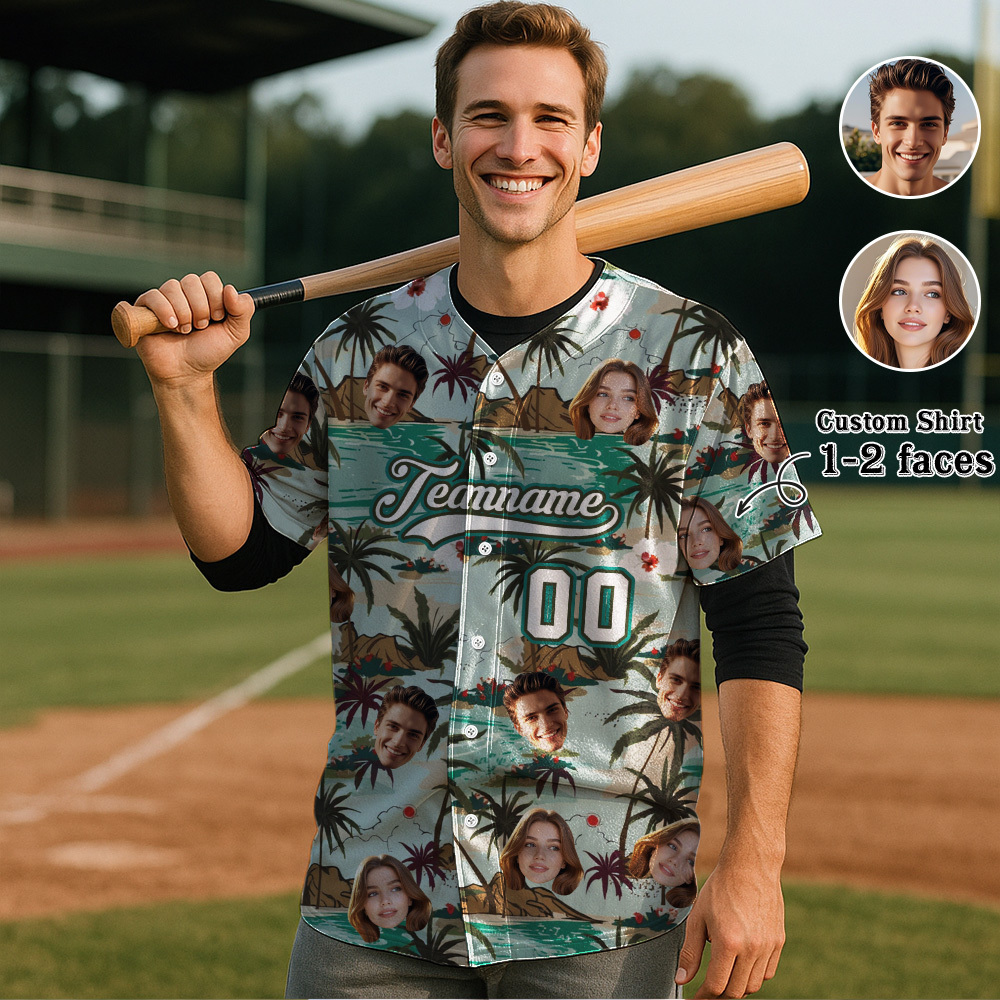 Custom Hawaiian Baseball Jersey with Face Teamname Name Number Personalized Hawaii Floral Shirt for Men Women - makephotopuzzleuk